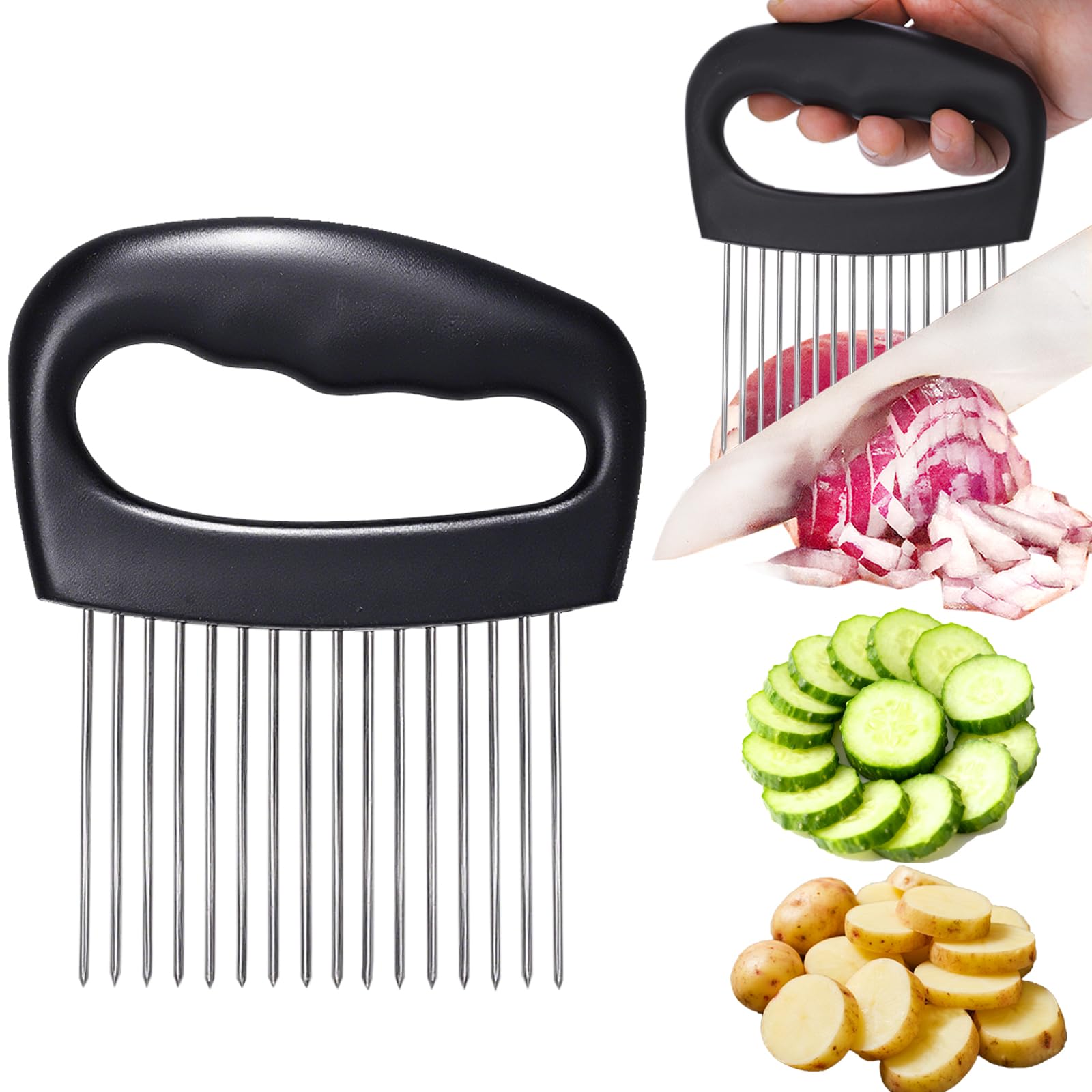Hendiy Extra-Large Onion Holder for Slicing, Tomato Slicer with 16 Long Needles, Stainless Steel Onion Cutter Vegetable Chopper,