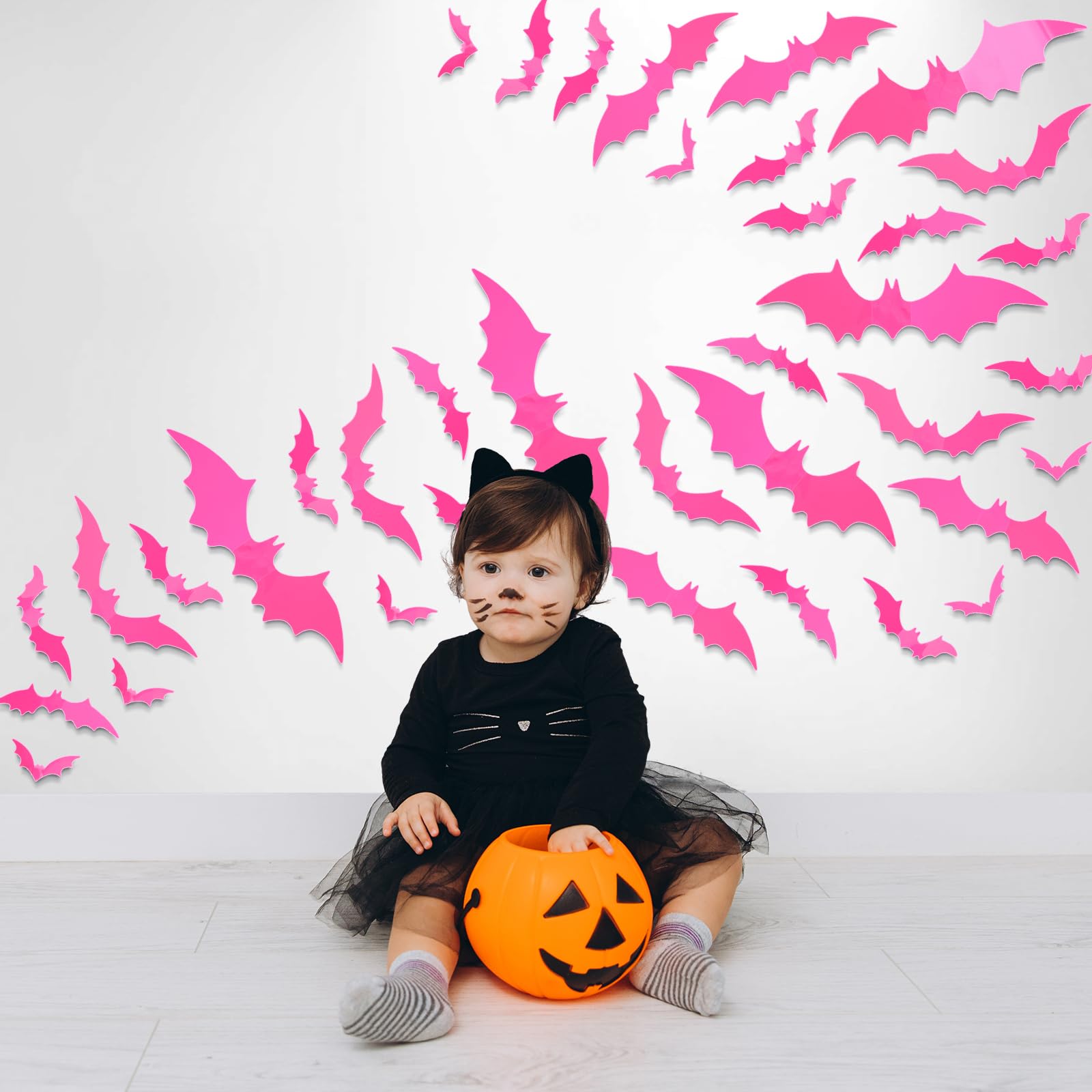 Whaline 72Pcs Halloween Bat Wall Stickers Hot Pink Plastic Waterproof Decorative Decals 3D Wall Decoration With Foam Stickers Fo