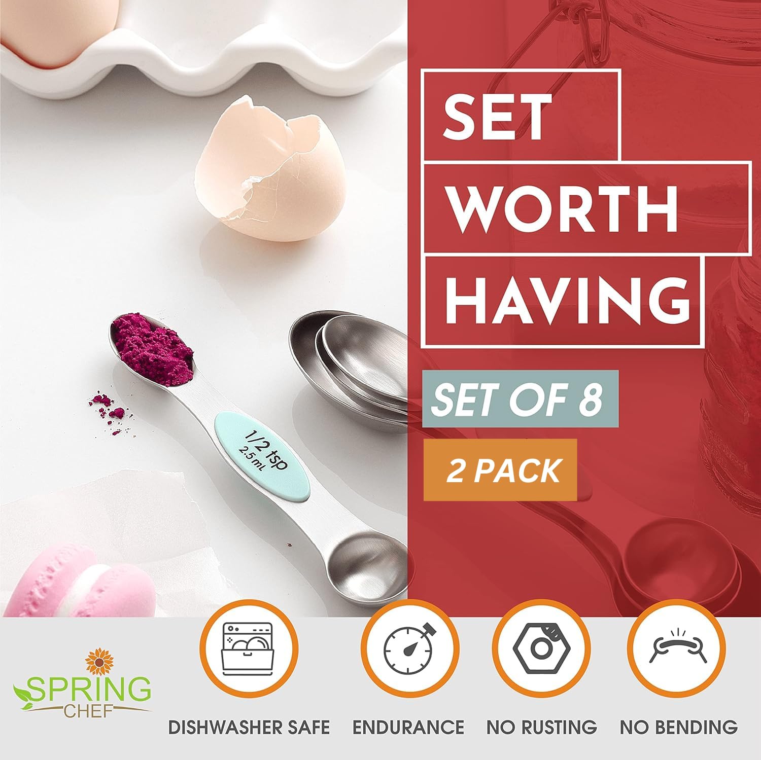 Spring Chef Stainless Steel Magnetic Measuring Spoons Set Of 8 With Leveler, Metal Teaspoon & Tablespoon Measuring Spoons, Fits