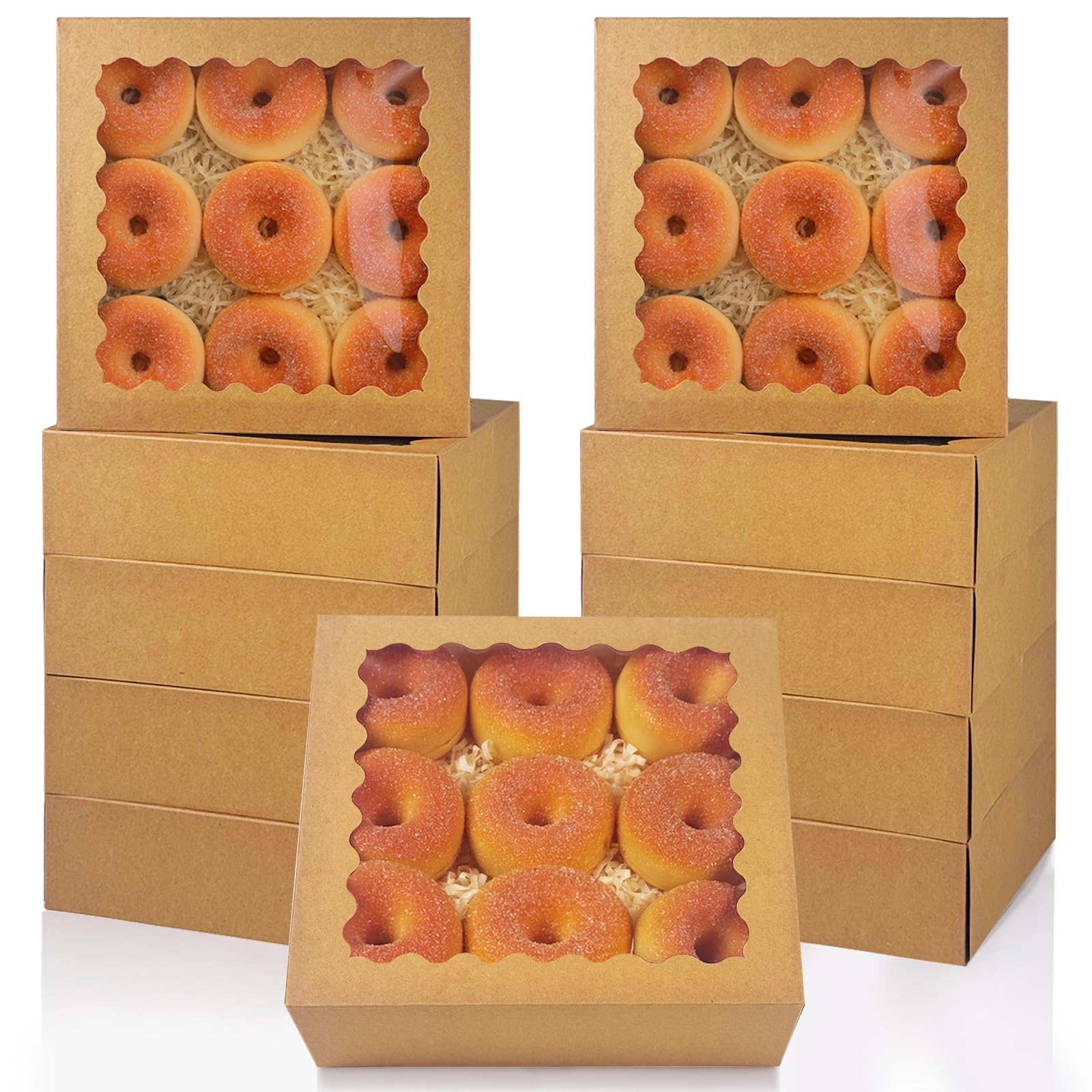 qiqee 10x10x2.5 Inch Brown Pie Boxes with Window 12Packs Cookie Donut Bakery Box (Auto-pop Up)