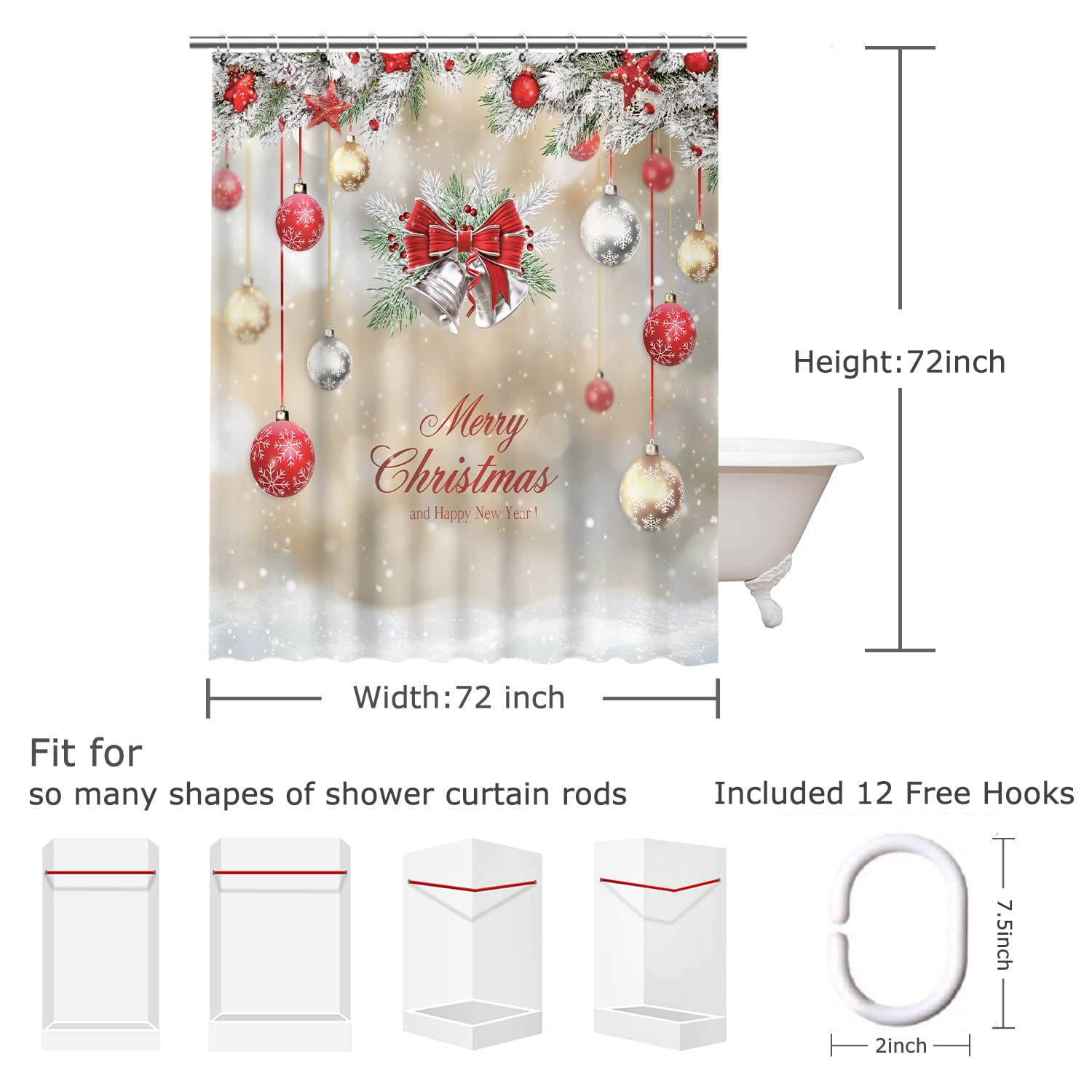 Rosielily Christmas Shower Curtains For Bathroom Xmas Shower Curtains Red Christmas Fabric Xmas Bathroom Set With Hooks Red Silv
