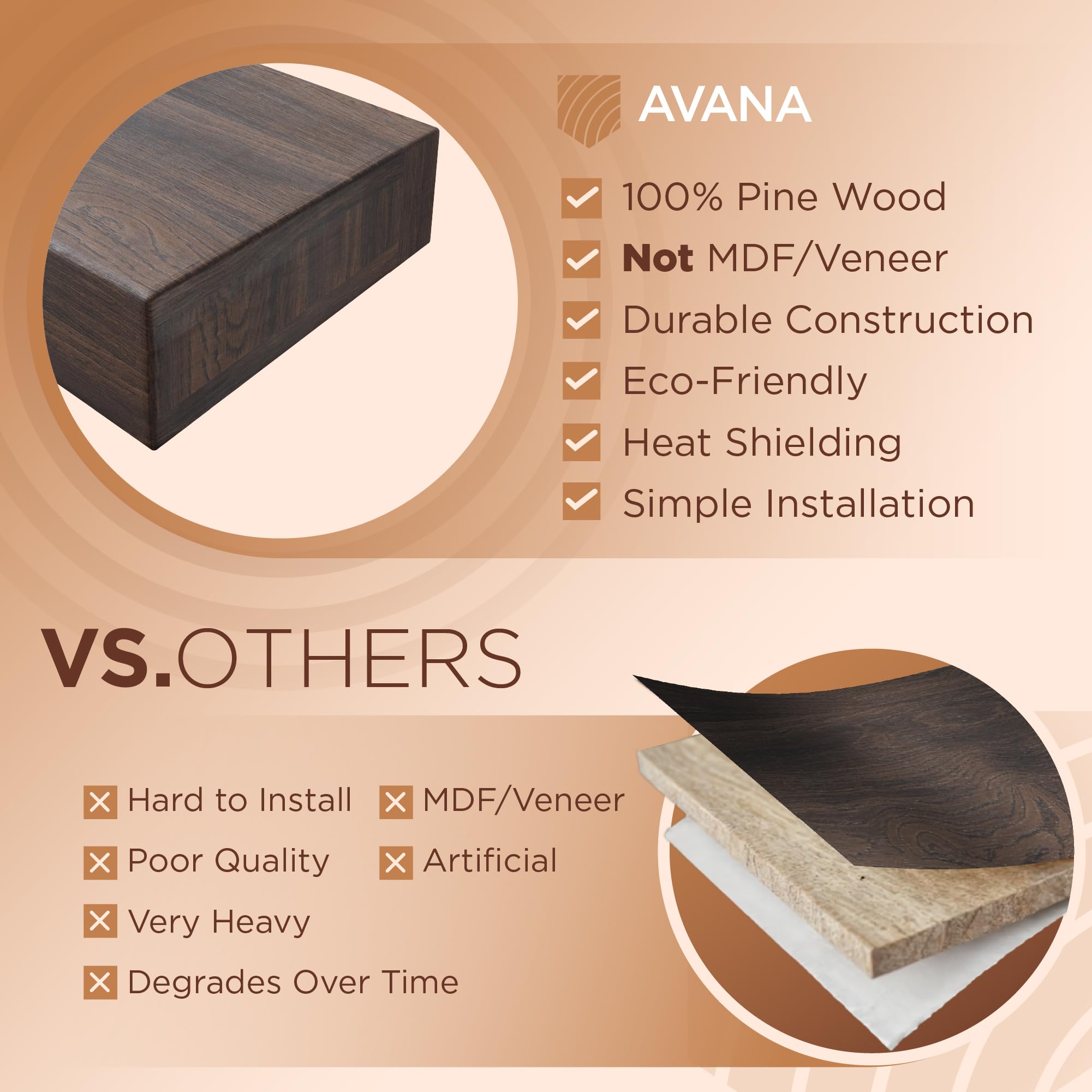 Avana Fireplace Mantel Shelf 60 Inch - Natural Wood Mantles For Over Fireplace - Handcrafted Mantel Farmhouse Floating Shelf - F