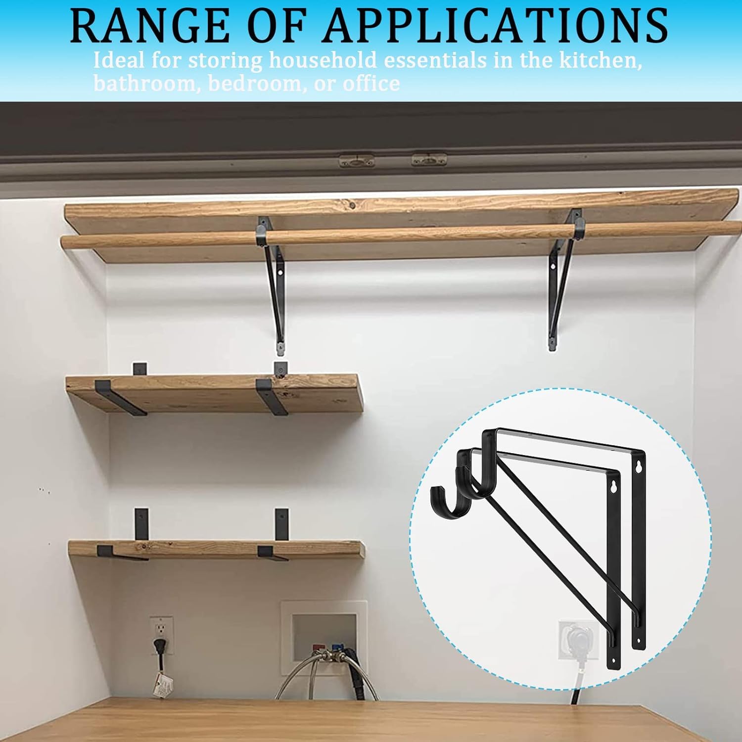 Ayaygd 6 Pack Heavy Duty Closet Rod Brackets 11 X 11 Inch, Black Closet Shelf & Rod Bracket Holder For Home And Closet Decor, Wa