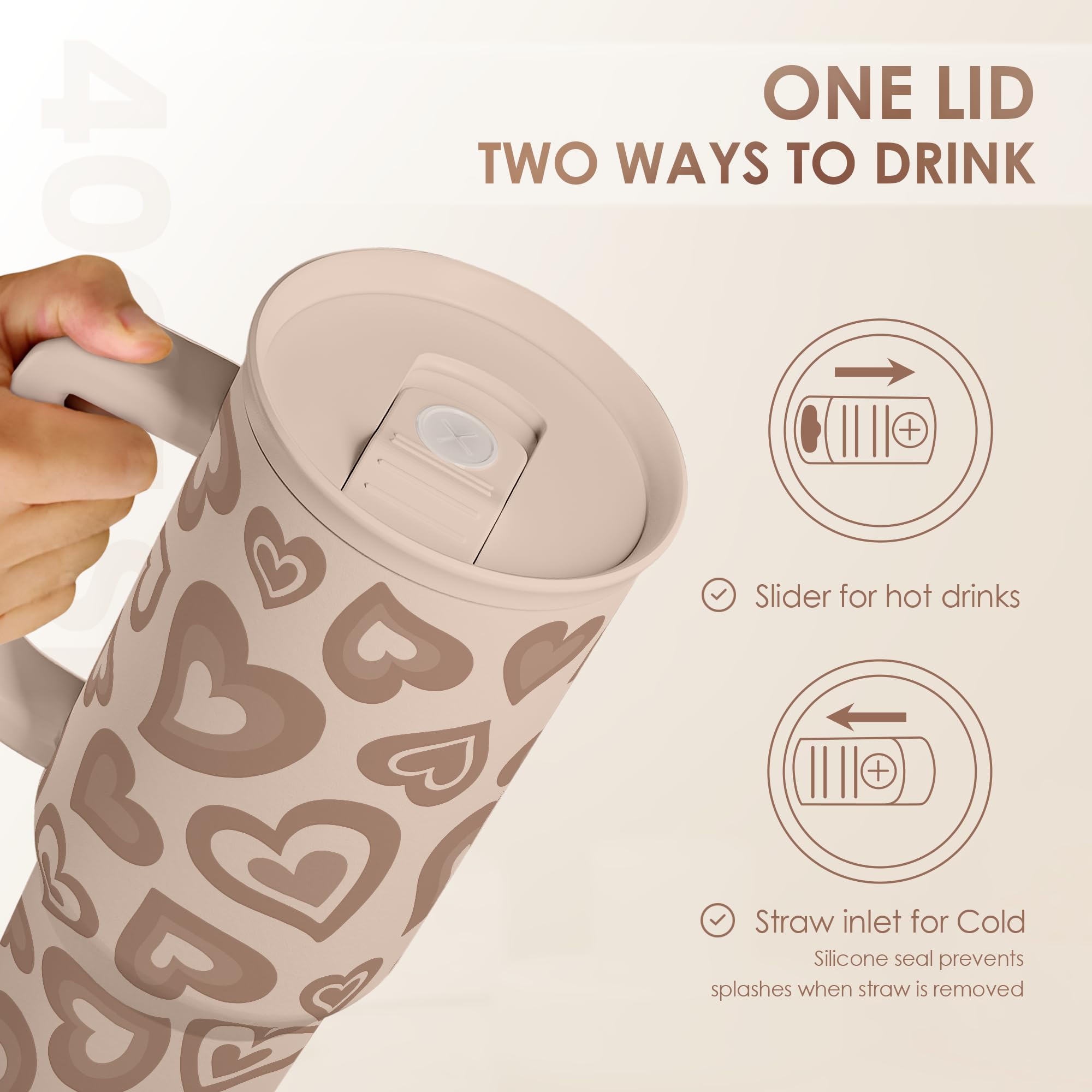 Heart Tumbler with Handle and Straw 40oz - Stainless Sleel Slider Tumbler Travel Coffee Mug for Women - Gift Idea for Birthday C