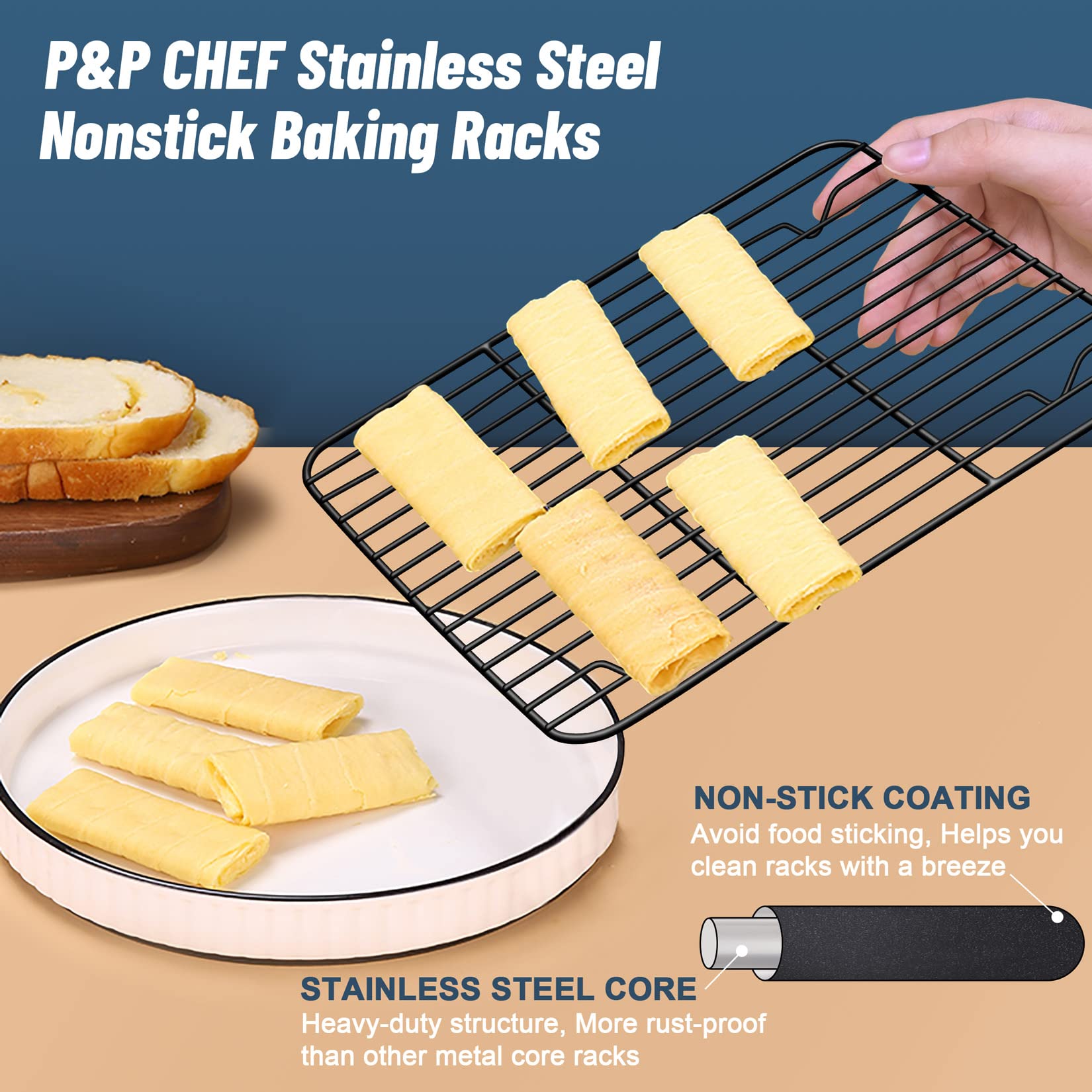 P&P CHEF Cooling Baking Rack Set of 2, Stainless Steel, Black, 8.6" x 6.2", Easy to Clean, Dense Wires & Smooth Edge