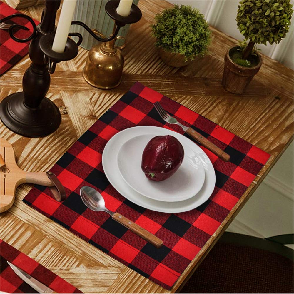 Senneny Set Of 6 Christmas Placemats Buffalo Check Placemats Red Black Plaid Reversible Burlap & Cotton Placemats For Christmas