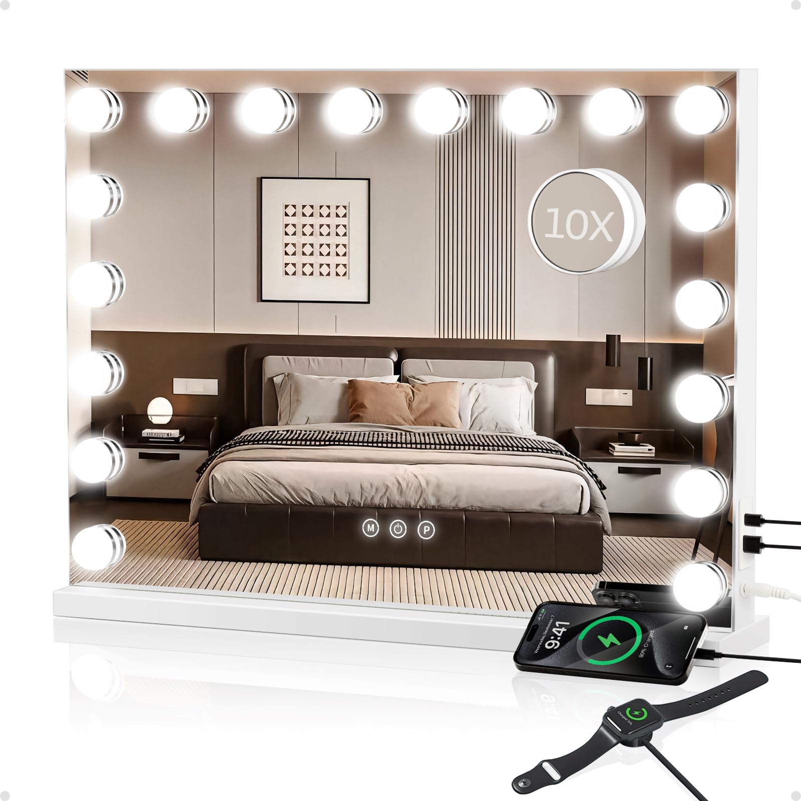 Kiwixmoon Vanity Mirror with Lights Large, Hollywood Lighted Makeup Mirror with 18 Dimmable Bulbs, 3 Color Lights, 10X Magnifier