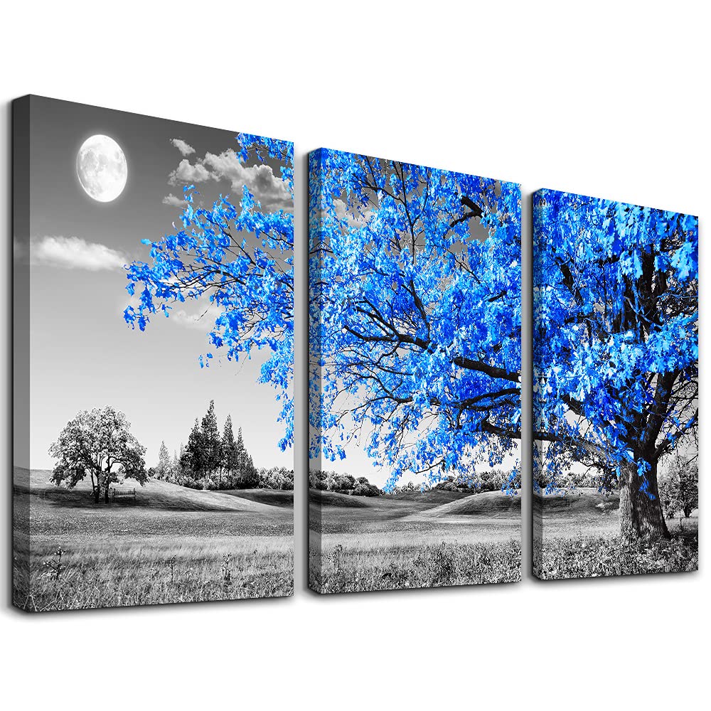 Wall Art For Living Room Black And White Blue Tree Moon Canvas Wall Decor For Home Artwork Painting 12'' X 16'' 3 Pieces Canvas