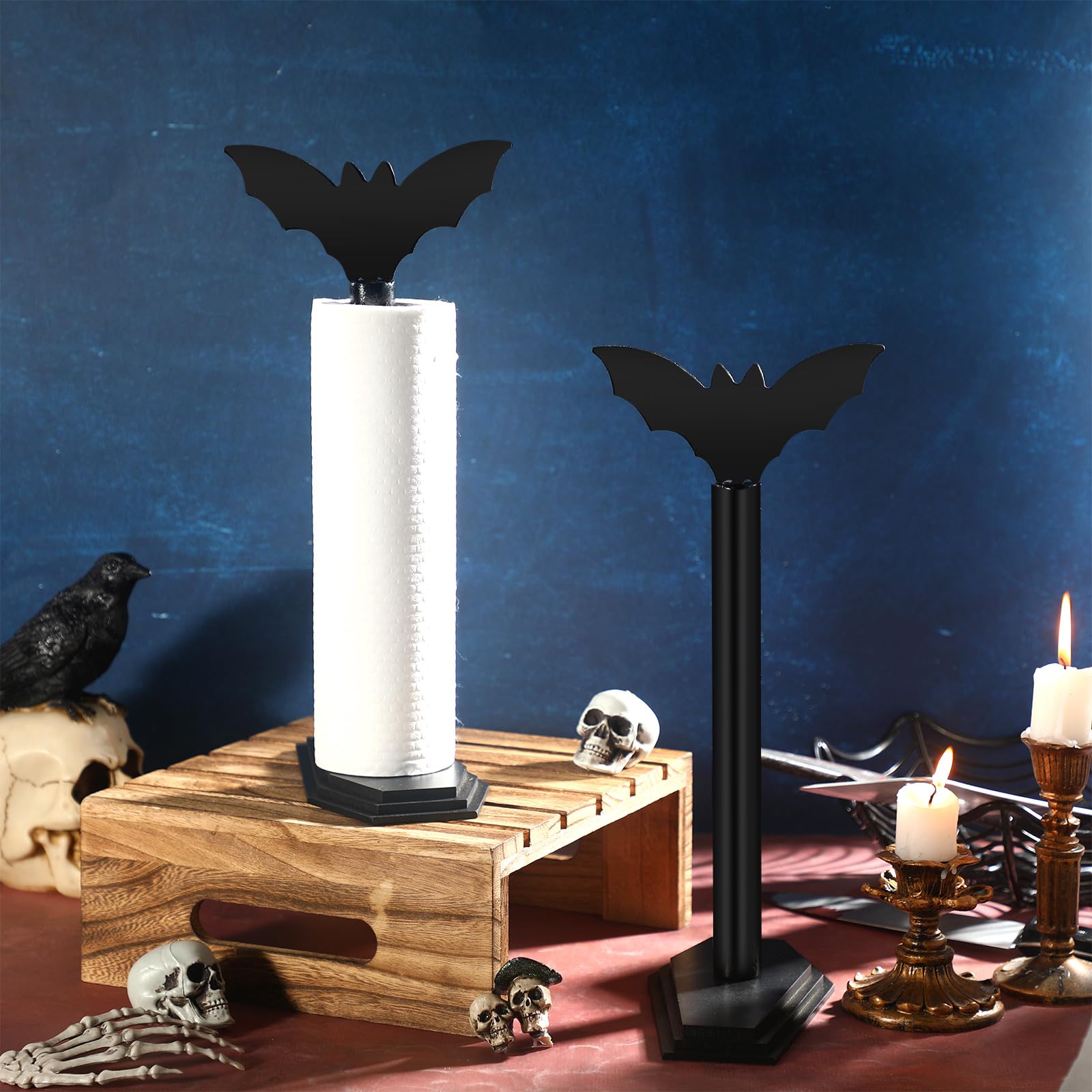 Yaomiao 2 Pcs Bat Paper Towel Holder Halloween Decor Gothic Paper Towel Dispenser Wooden Roll Stand Organizer For Kitchen Bathro
