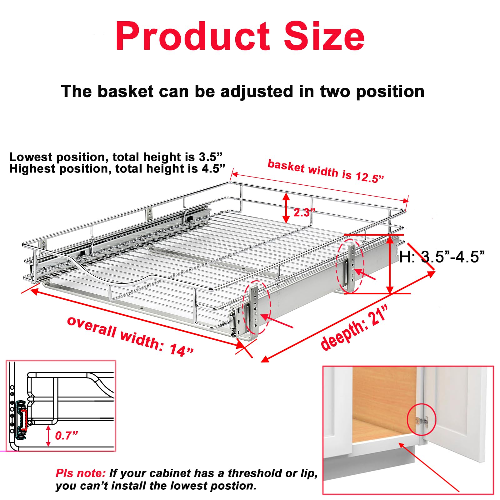 Dindon Pull Out Cabinet Organizer (14'' W X 21'' D), Pull Out Drawers For Kitchen Cabinets, Cabinet Pull Out Organizer 1 Tier He