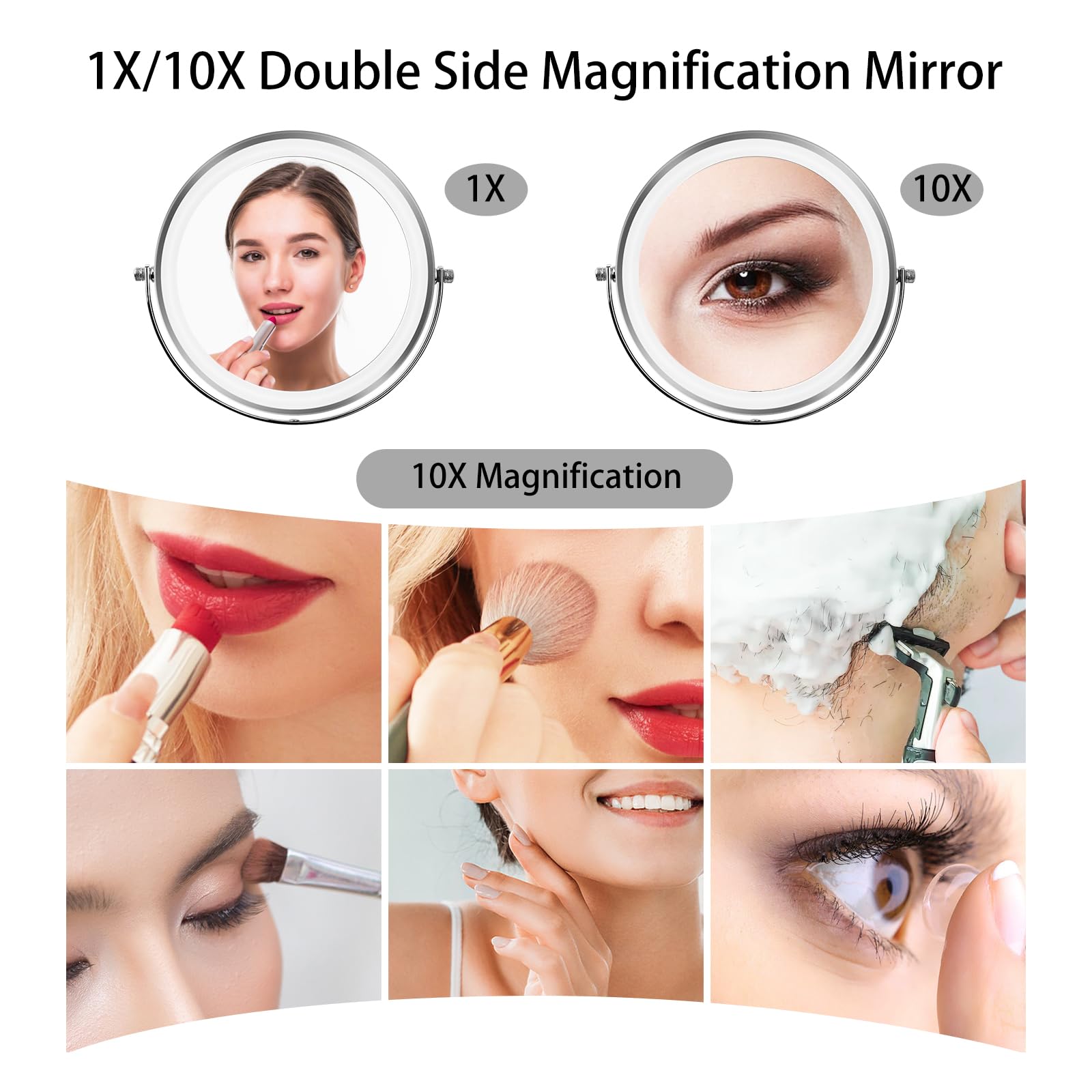 8   Large Makeup Mirror with Lights,1X/10X Rechargeable True Height Adjustable HD Magnifying Mirror with 3 Color Dimmable Lights