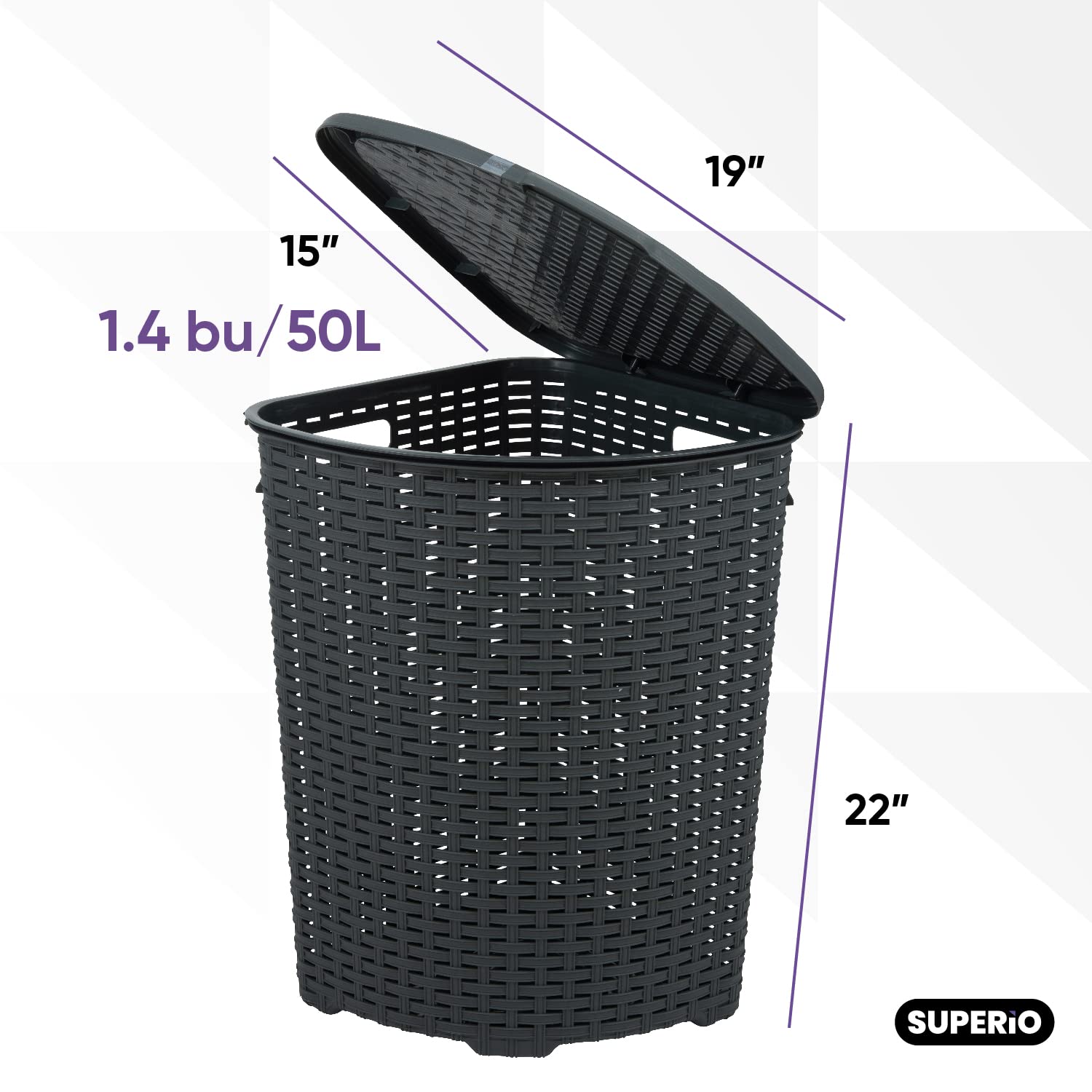 Superio Corner Laundry Hamper Basket With Lid 50 Liter - Grey Wicker Hamper - Durable, Lightweight Bin With Cutout Handles, Stor