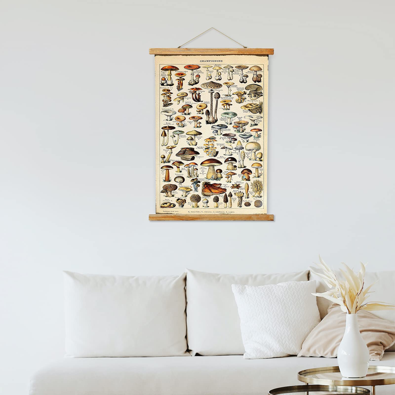 Ovfovy Vintage Mushroom Poster Hanger Frame, Retro Style Wall Art Prints, Printed On Linen With Natural Wooden Frames, Wall Hang