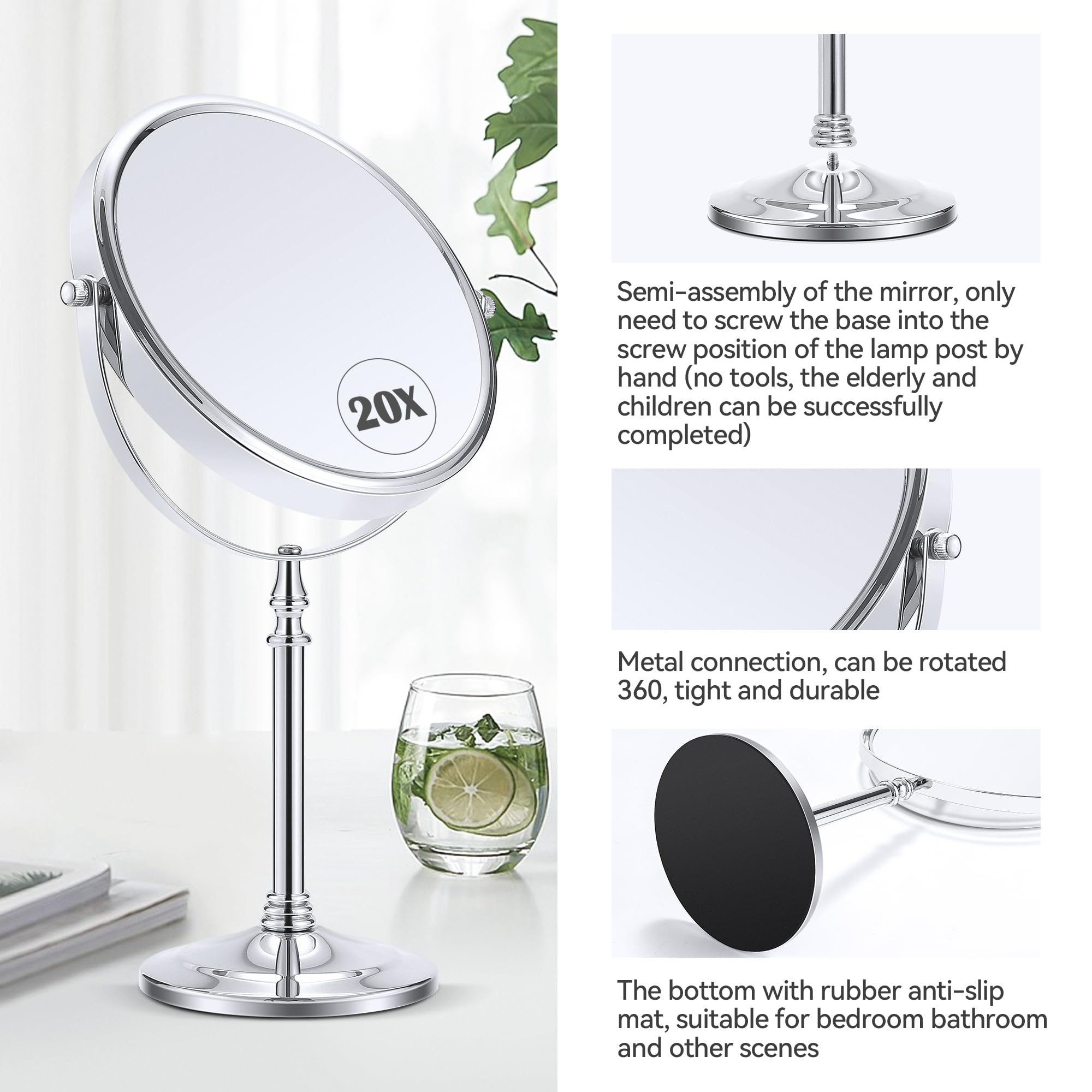 MIYADIVA 20x Magnifying Mirror - Double-Sided, 8.6" Metal Vanity Mirror with 360° Rotation for Bathroom or Bedroom