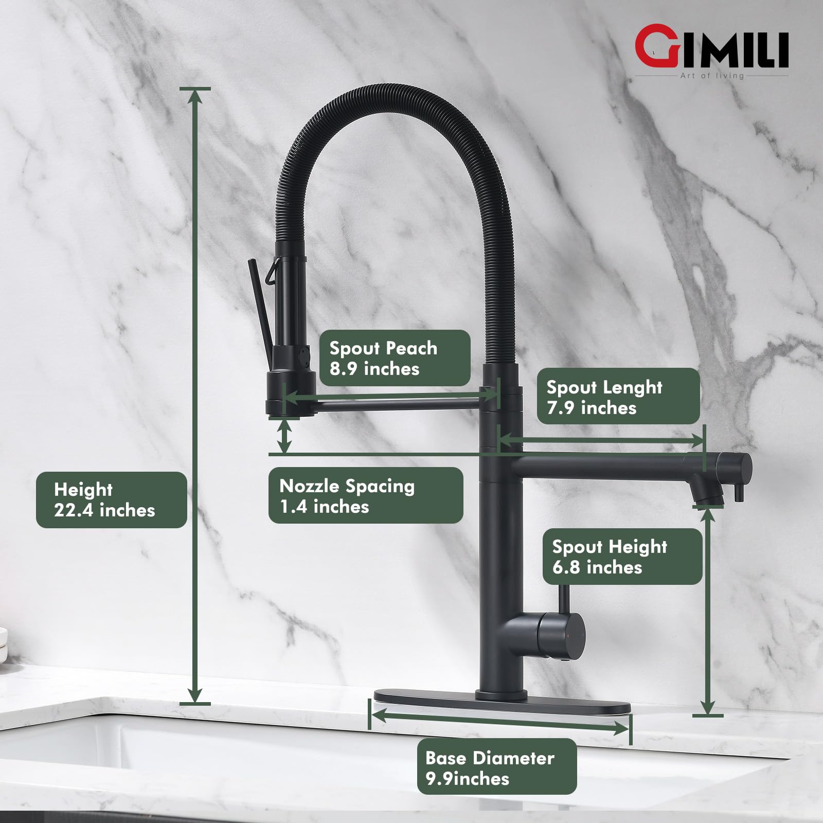 Gimili Matte Black Kitchen Faucet With Pull Down Sprayer Commercial Kitchen Faucet Double-Headed Single Handle Spring Stainless