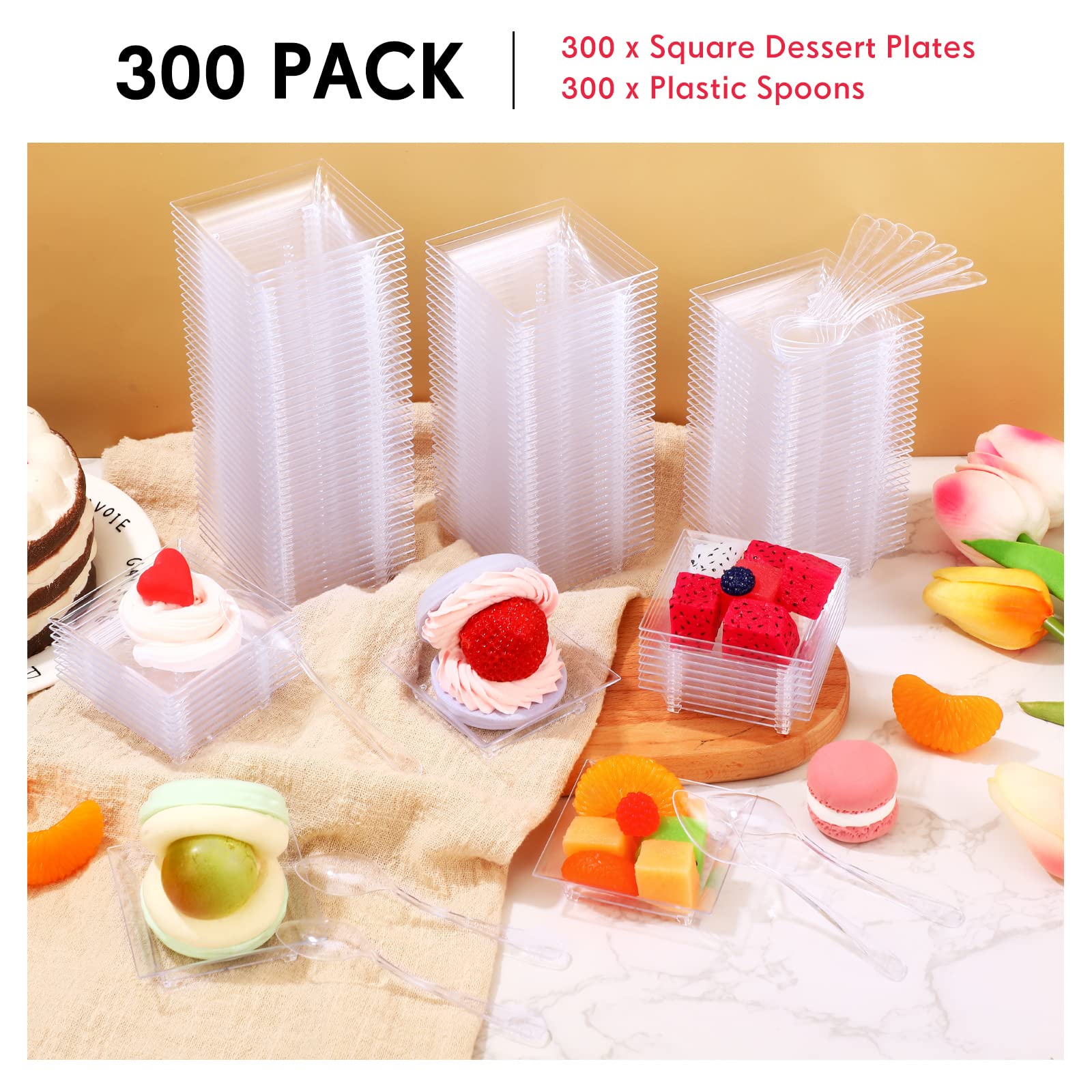 300 Pieces Mini Dessert Plates With 300 Tasting Spoons,1 Oz Clear Appetizer Plates 2.4X2.4 Inch Disposable Plastic Cake Plates F