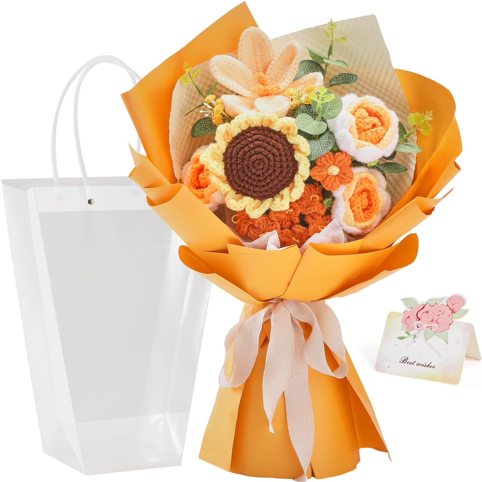 Alecono Crochet Flower Bouquet, Orange Knitted Flowers, Crochet Sunflower Flower for Lover Anniversary Birthday Party Mother s D