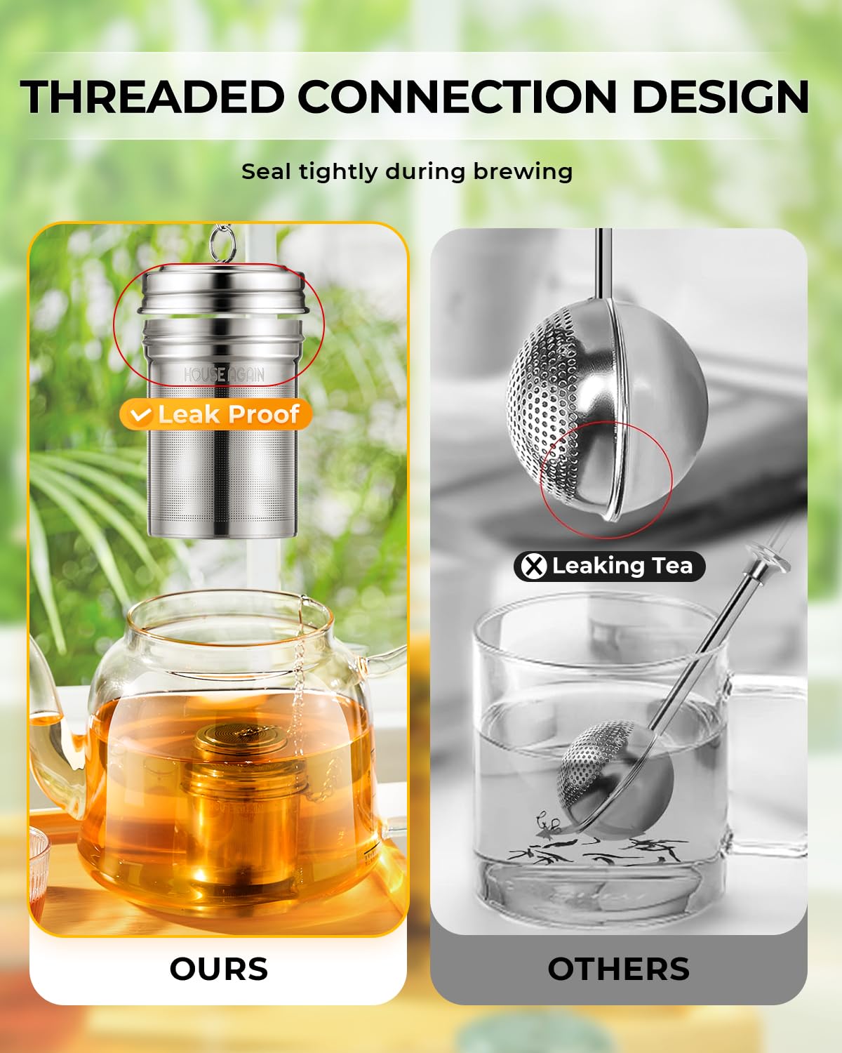 HOUSE AGAIN Extra Fine Mesh Tea Infuser, Stainless Steel Strainer with Extended Chain, Small, Silver, Model 14-02-0002