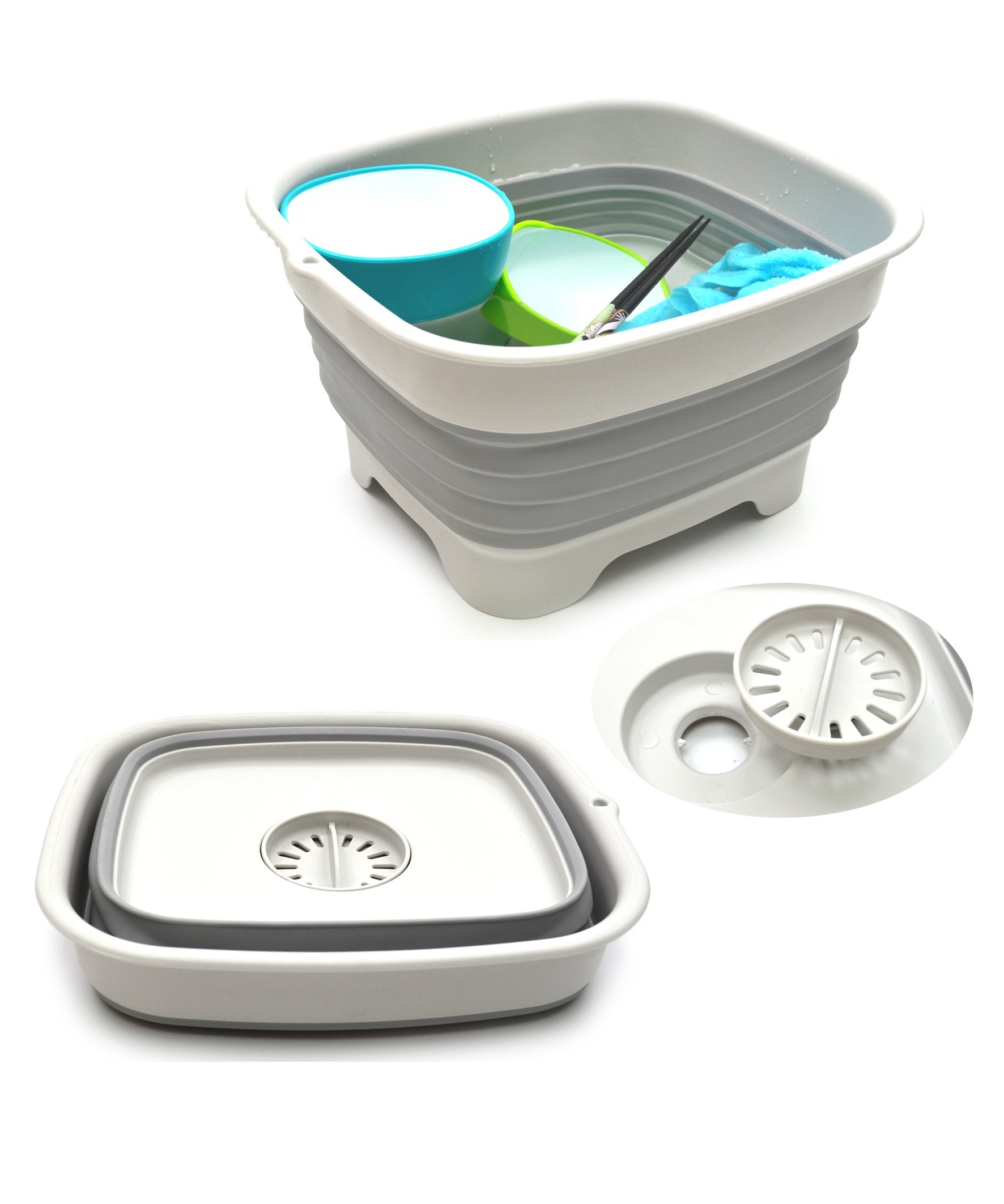 SAMMART 9.1L (2.4Gallon) Collapsible Dishpan with Draining Plug - Foldable Washing Basin - Portable Dish Washing Tub - Space Sav