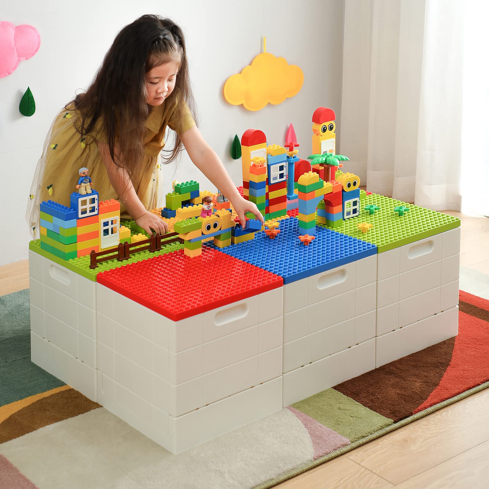 Shimoyama Collapsible Storage Box With Building Baseplate Lid For Duplo Blocks, 26 Qt. Stackable Bricks Storage Bins For Mega Bl