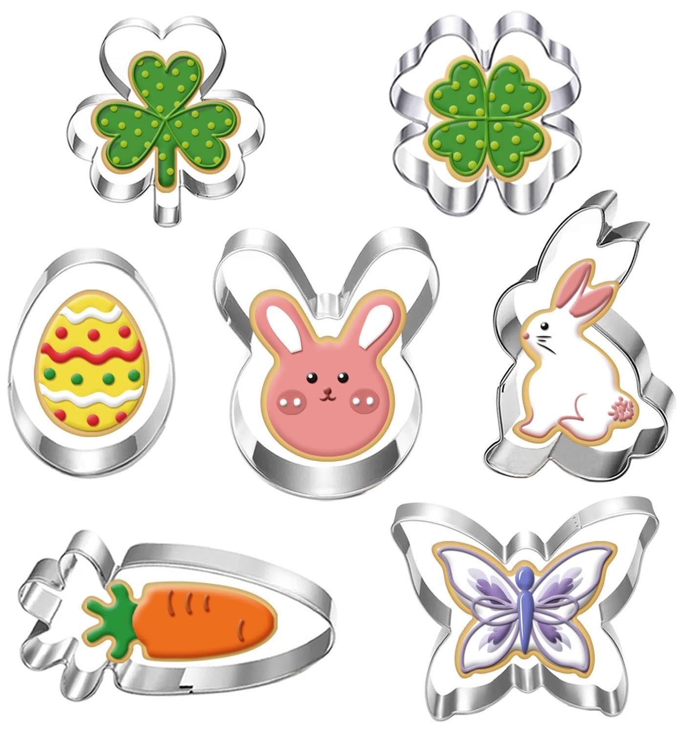 Lubtosmn Shamrock Easter Cookie Cutter Set-3 Inches-7 Piece-Shamrock, Egg, Bunny, Carrot, Flower, Butterfly, Bunny Face, Easter