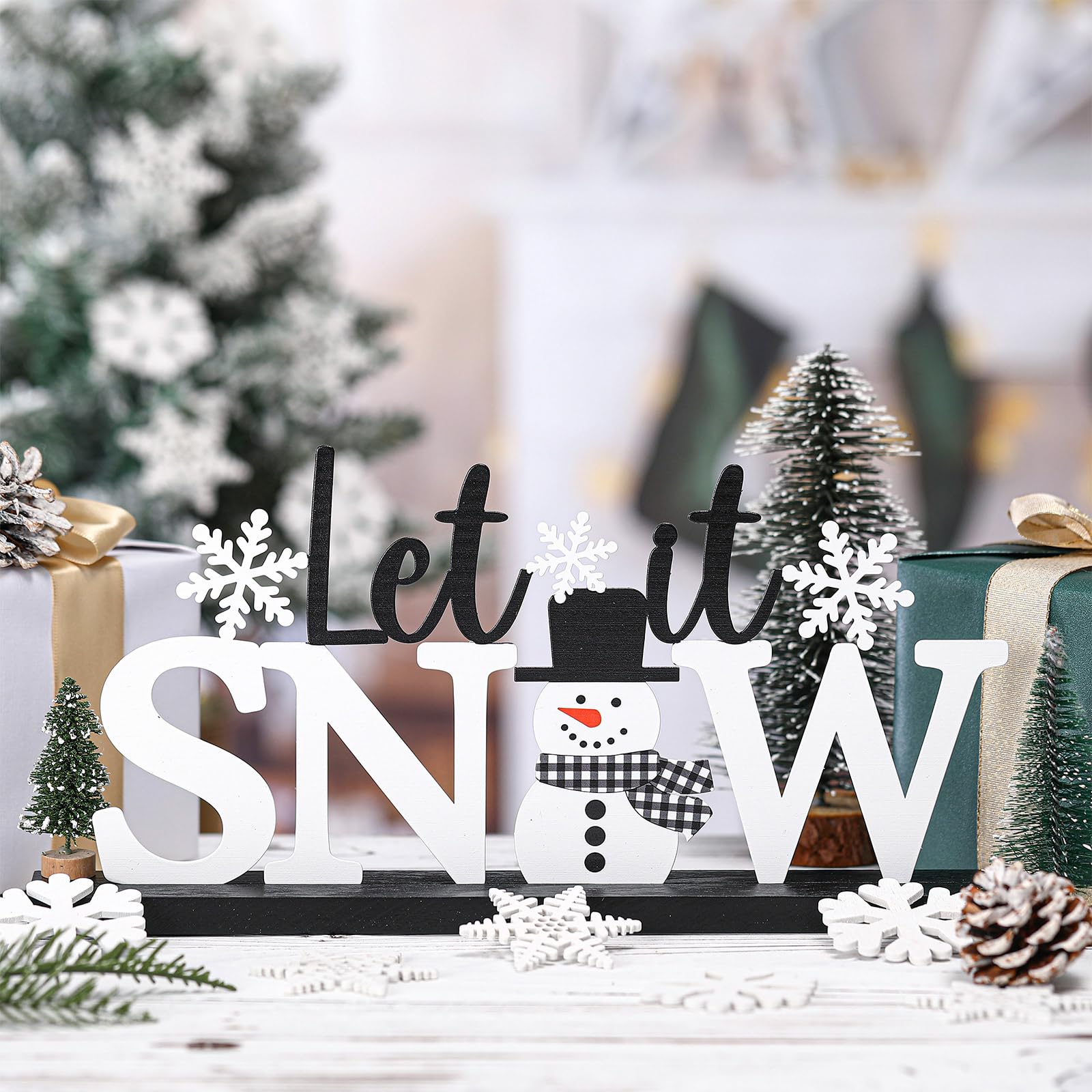 MiniInflat Let It Snow Table Decor Winter Metal Table Sign Christmas Black White Snowman Snowflake Decor with Wood Base for Wint