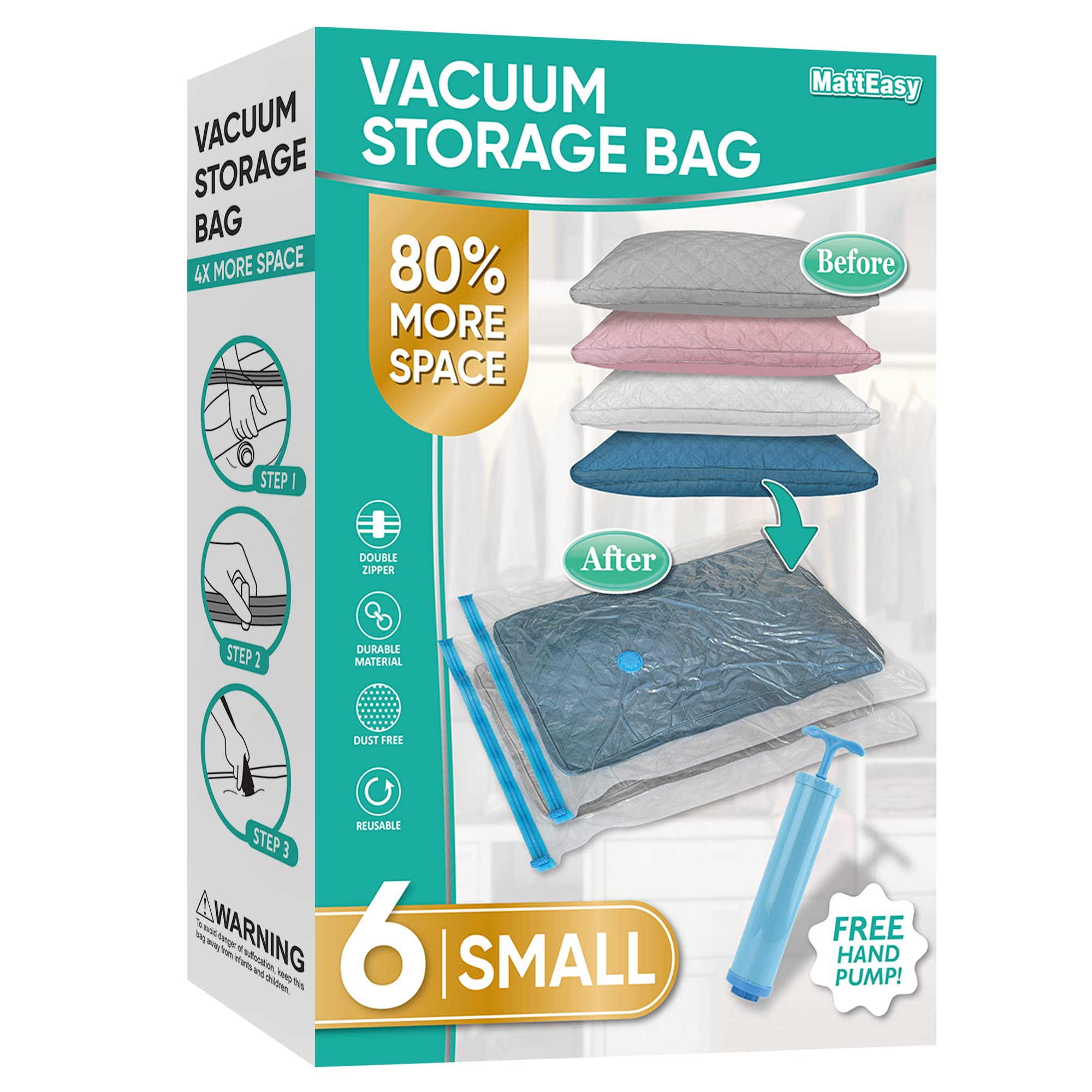 Matteasy Space Saver Vacuum Storage Bags, 6 Pack Space Saver Bags With Pump, Storage Vacuum Sealed Bags For Clothes, Comforters,