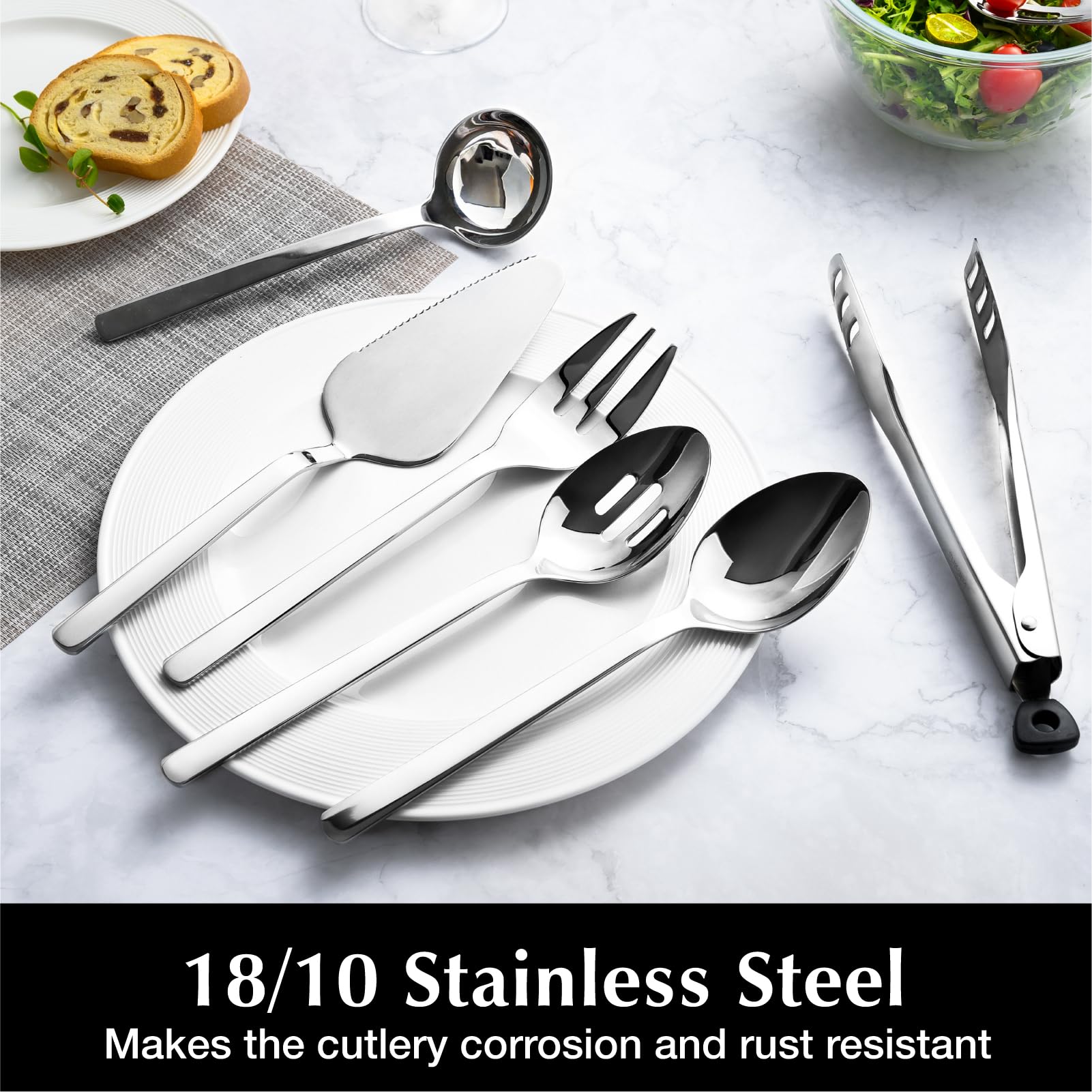 KINGSTONE Large Serving Utensils Set, 10-inch Heavy Duty Stainless Steel, Silver - Slotted Spoons, Forks, Tongs, Cake Server for Events