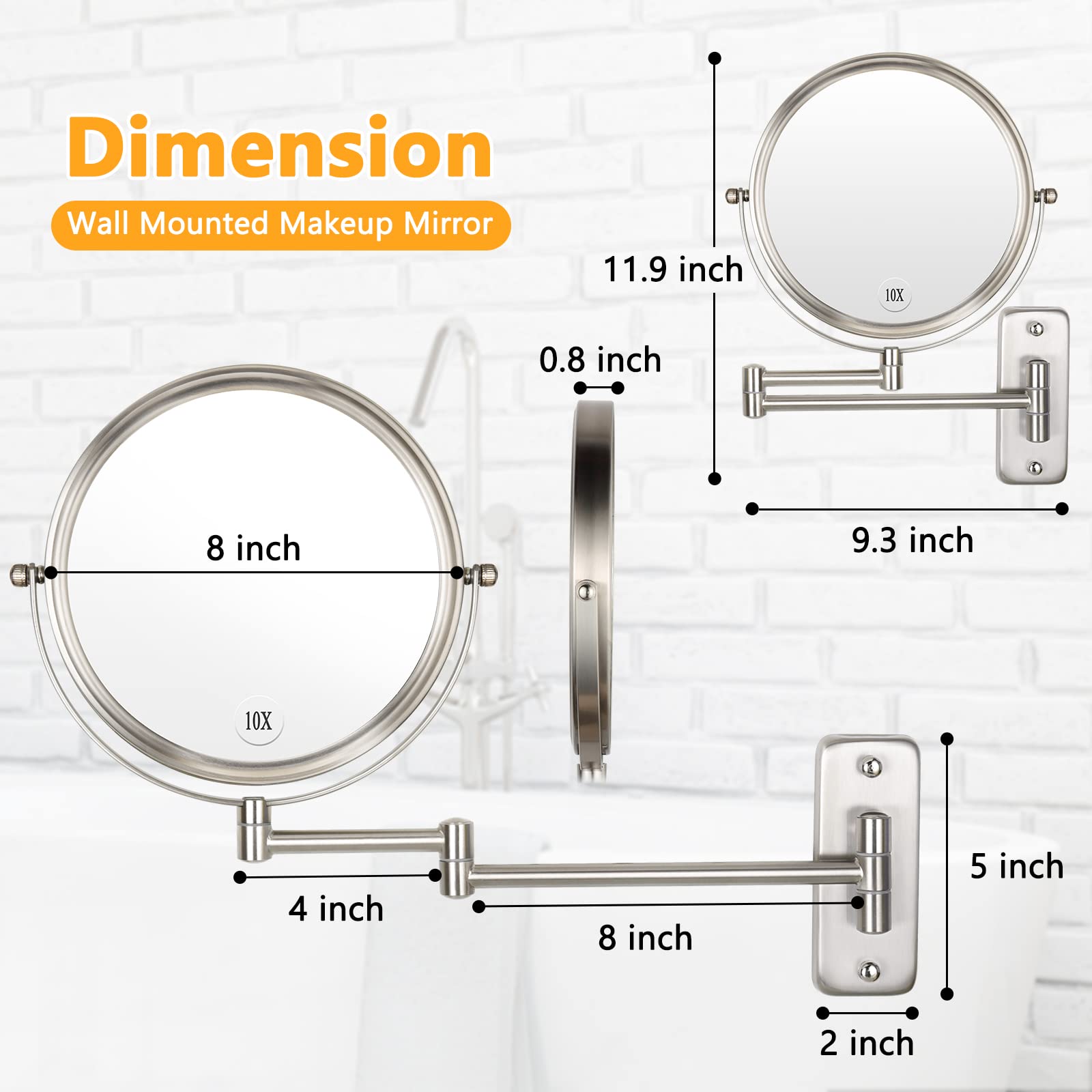 ALHAKIN Wall Mounted Makeup Mirror - 10x Magnification 8'' Two-Sided Swivel Extendable Bathroom Mirror Nickel Finish