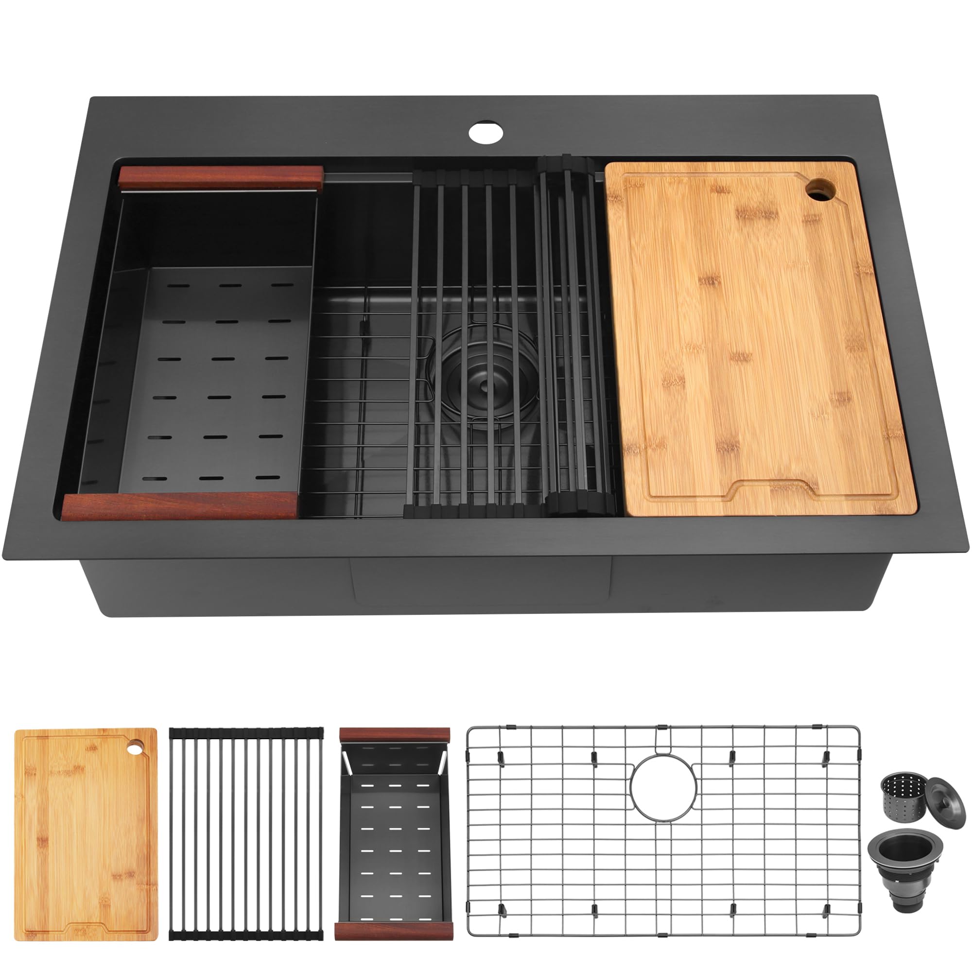 Lqs Kitchen Sink, Workstation Kitchen Sink, 33    X 22    Drop In Kitchen Sink, Black Single Bowl Kitchen Sink With Accessories,