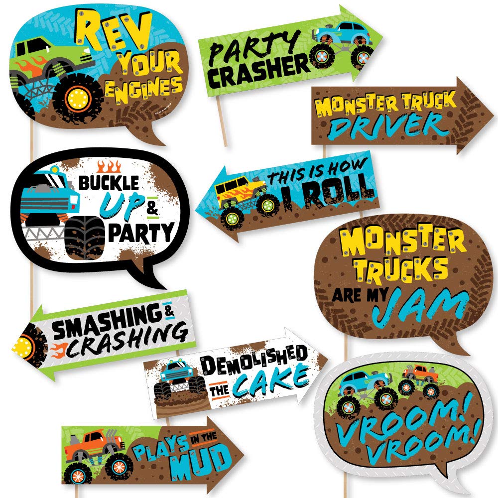 Big Dot Of Happiness Funny Smash And Crash - Monster Truck - Boy Birthday Party Photo Booth Props Kit - 10 Piece