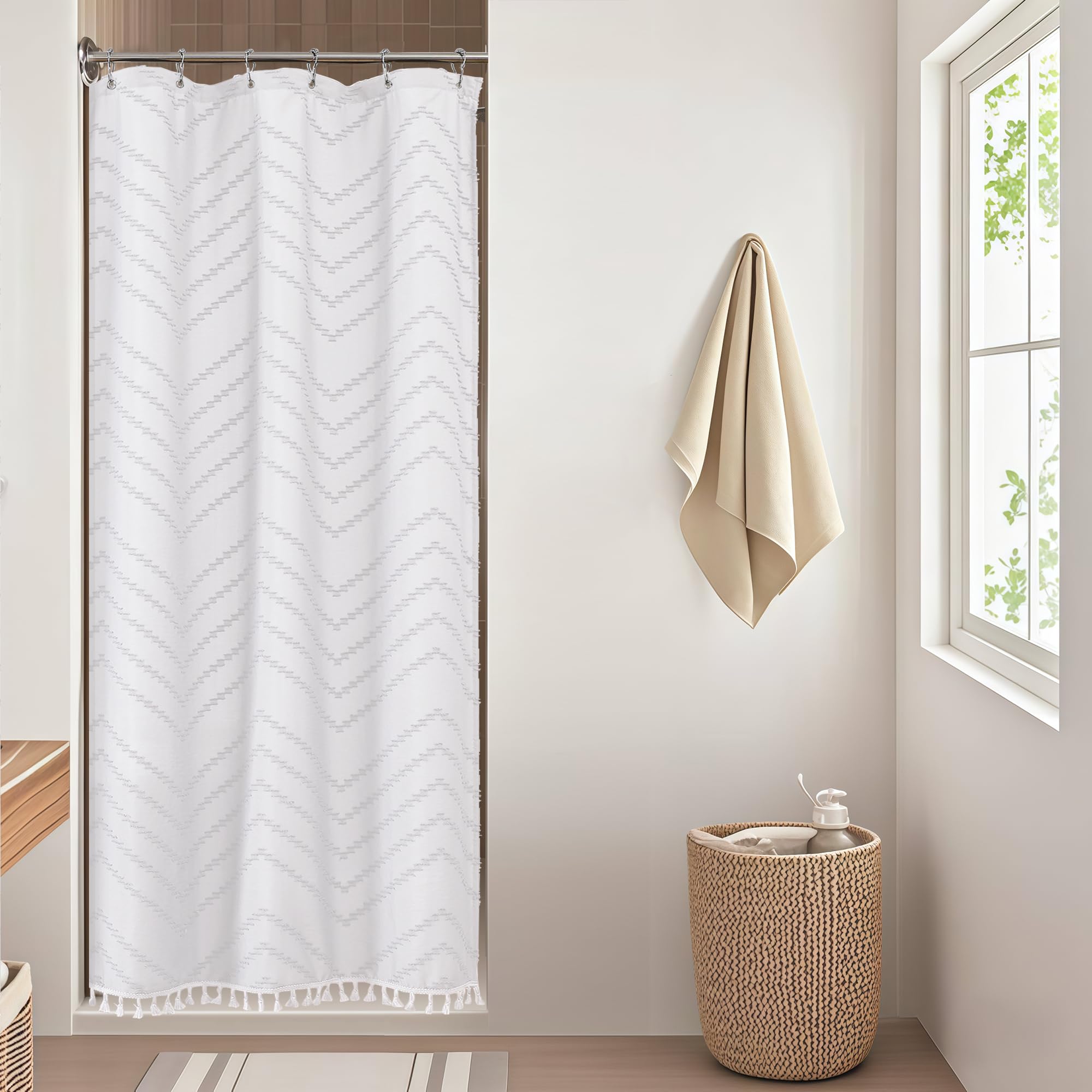 Owenie Small Boho Stall Shower Curtain, White Fabric Cloth Stall Shower Curtain 36 X 72 Half Size With Tassel Tufted Chevron Str