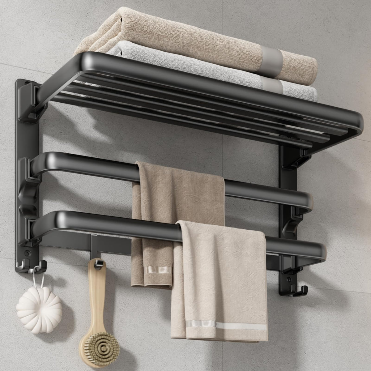 Voldra 24-Inch Towel Rack,Bathroom Towel Shelf With 2 Towel Bar Foldable Towel Holder With 7 Hooks Towel Storage Organizer For B