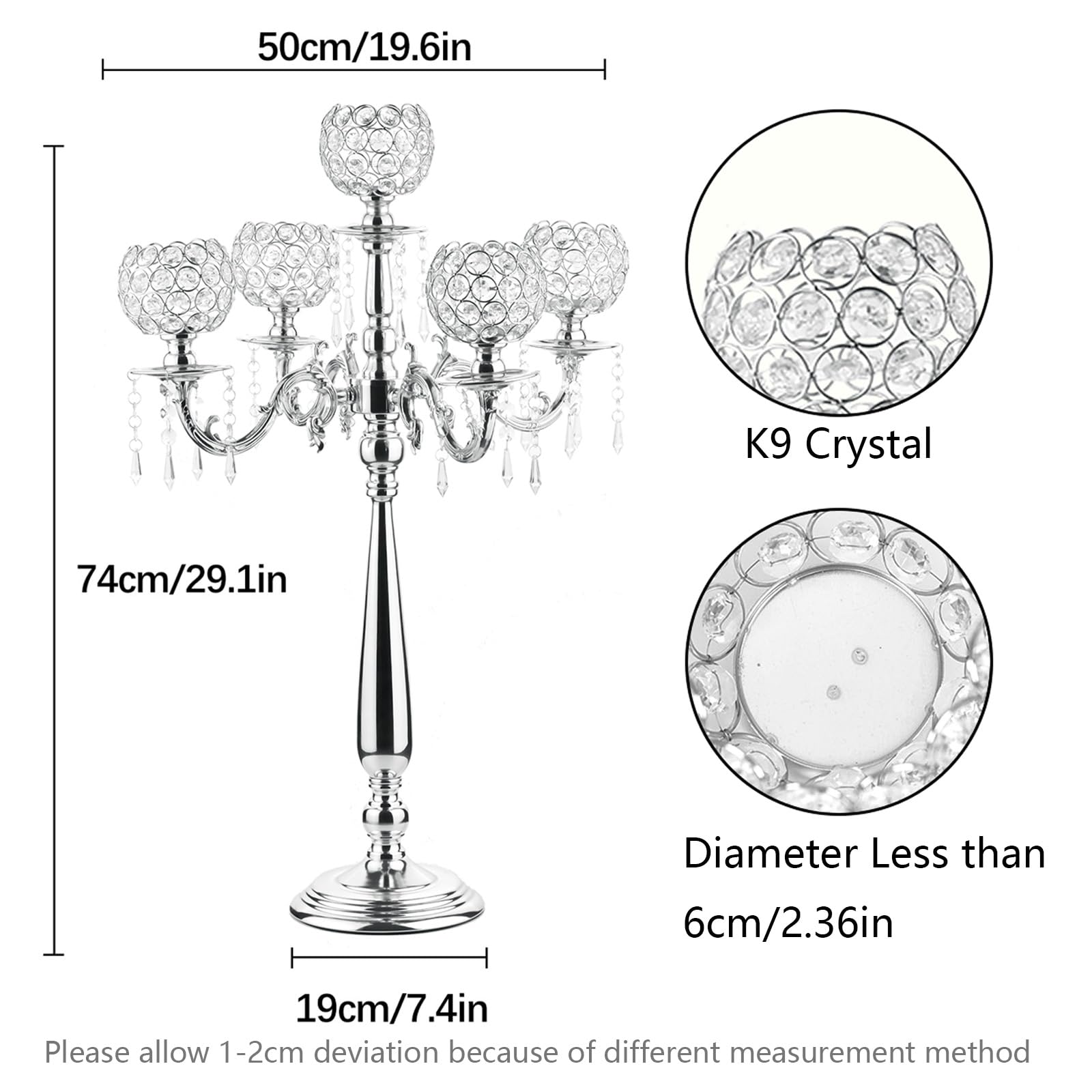 Silver 5 Arm Candelabra Centerpieces for Tables,Crystal Candle Holder Hollow Engraved Party Table Centerpiece for Weddings,Chris
