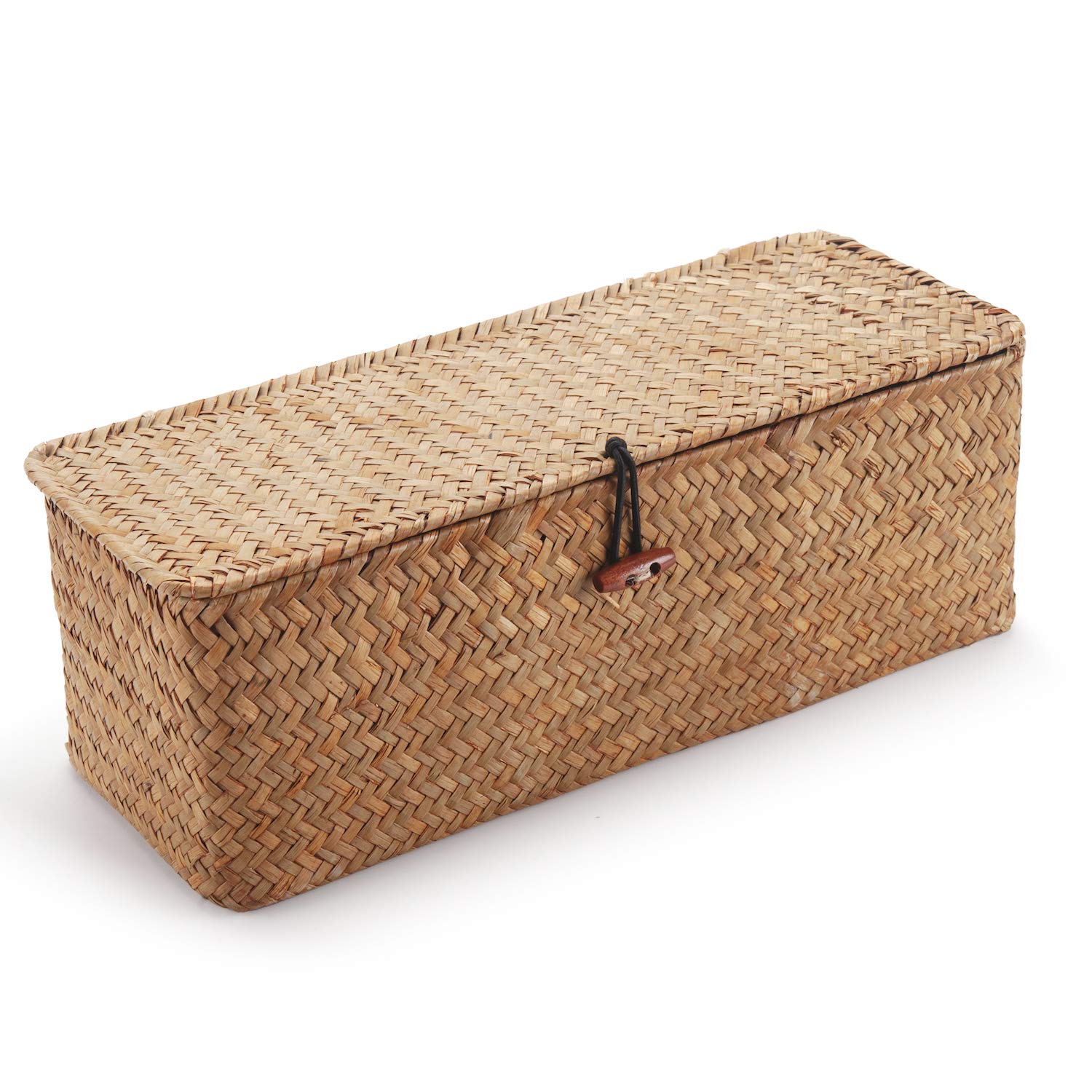 Seagrass Tank Basket with Lid Woven Toilet Roll Storage Basket with Sections Rectangular for Organize Snack Toys Tampon (Large Compartment 16.5inch L x 5.5inch W x 5.5inch H)