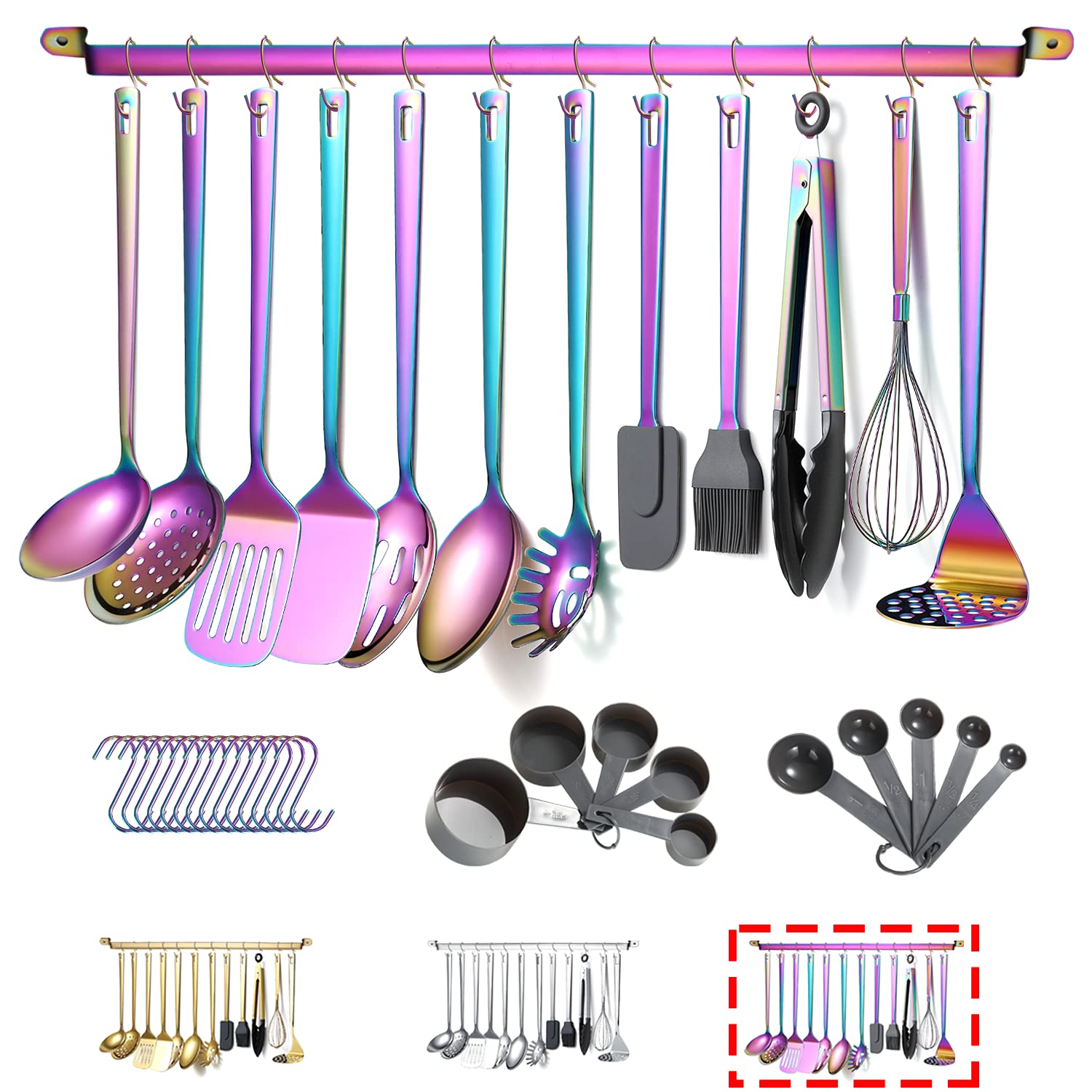Rainbow cooking Utensils Set  Kyraton Stainless Steel 37 Pieces Kitchen Utensils Set with Titanium colorful Plating  Kitchen Tool gadgets Set with Utensil Rack Heat Resistant Dishwasher Safe