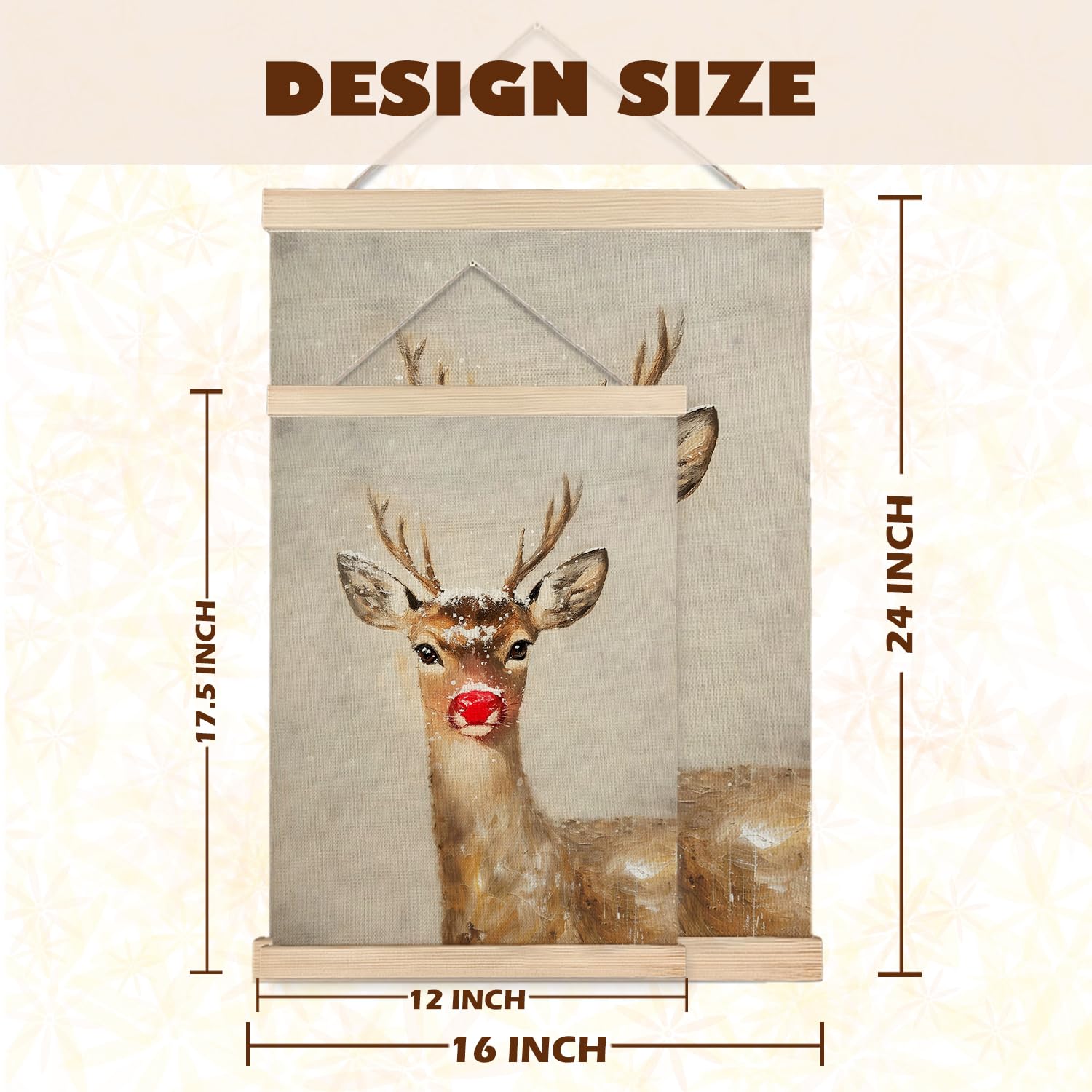 Luvadian Christmas Wall Decor, Winter Christmas Rudolph Red Nose Reindeer Wall Art With Wooden Poster Hanger, Winter Wall Decor,