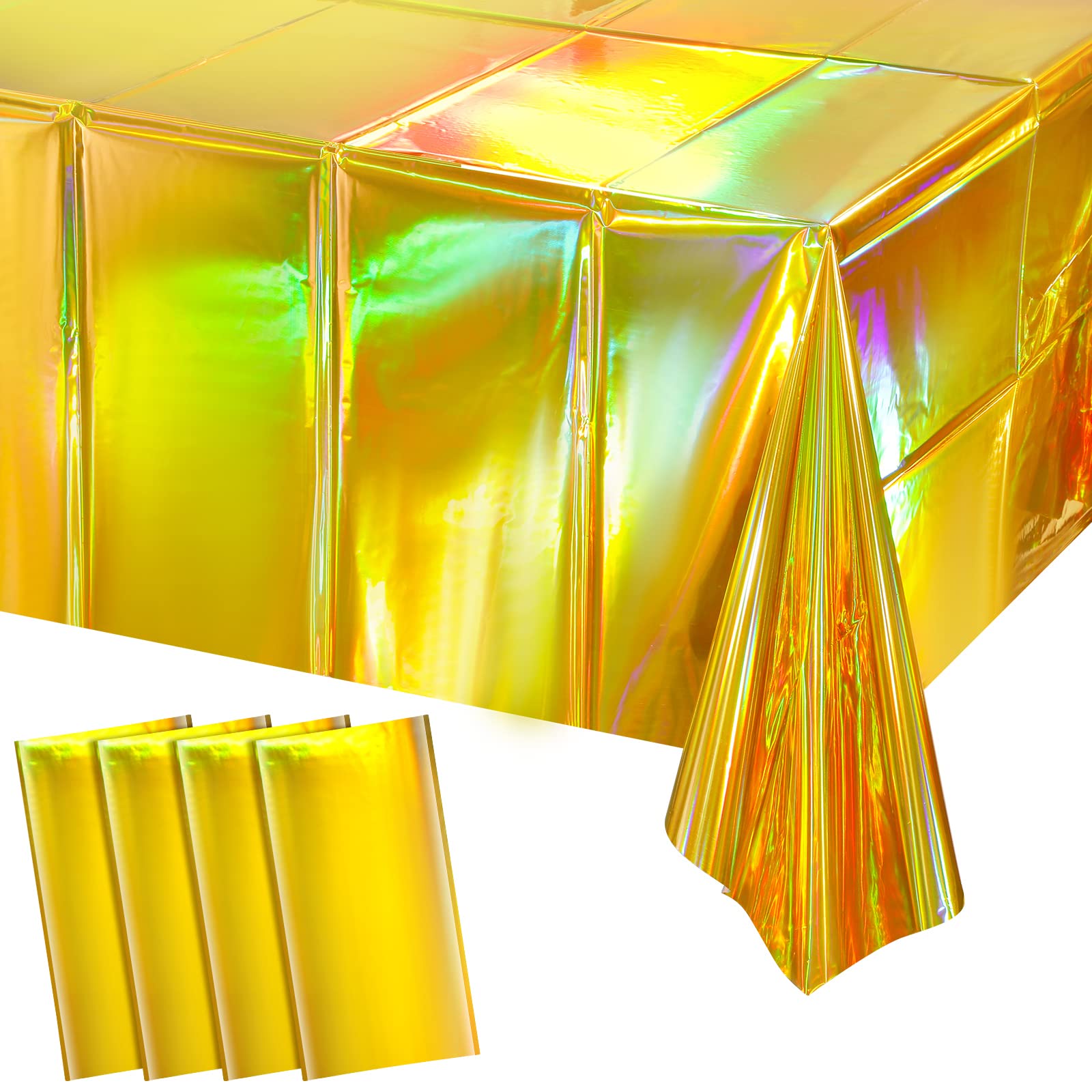 4 Pack Gold Iridescent Plastic Tablecloths Shiny Disposable Laser Rectangle Table Covers Holographic Foil Tablecloth Iridescent