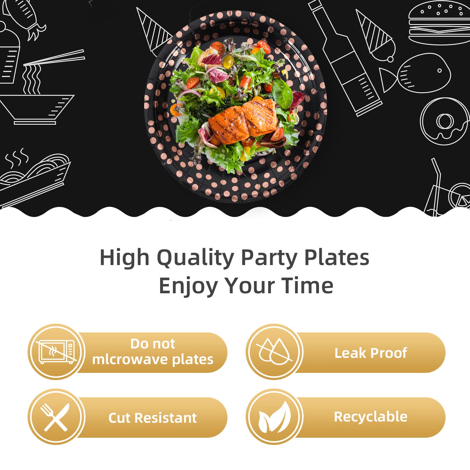 Cenlbj Black And Rose Gold Paper Plates,100 Pack Gold Dots Party Paper Plates,Disposable Party Supplies Dessert Paper Plates For