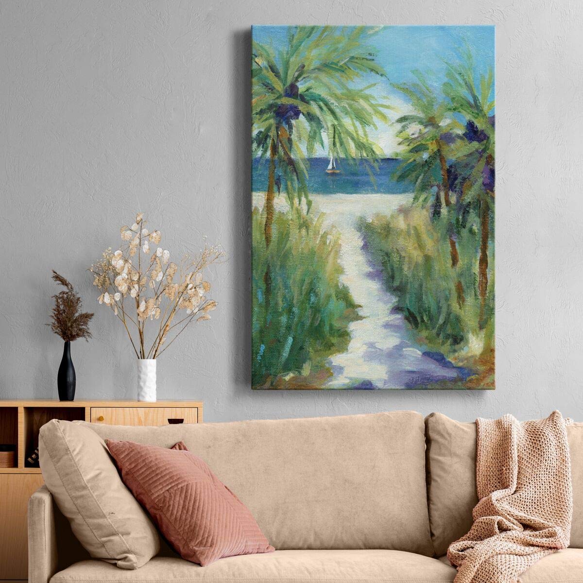 Renditions Gallery Canvas Wall Art Paintings For Home Palm Tree Pathway To The Sandy Beach Abstract Hanging Prints For Living Ro