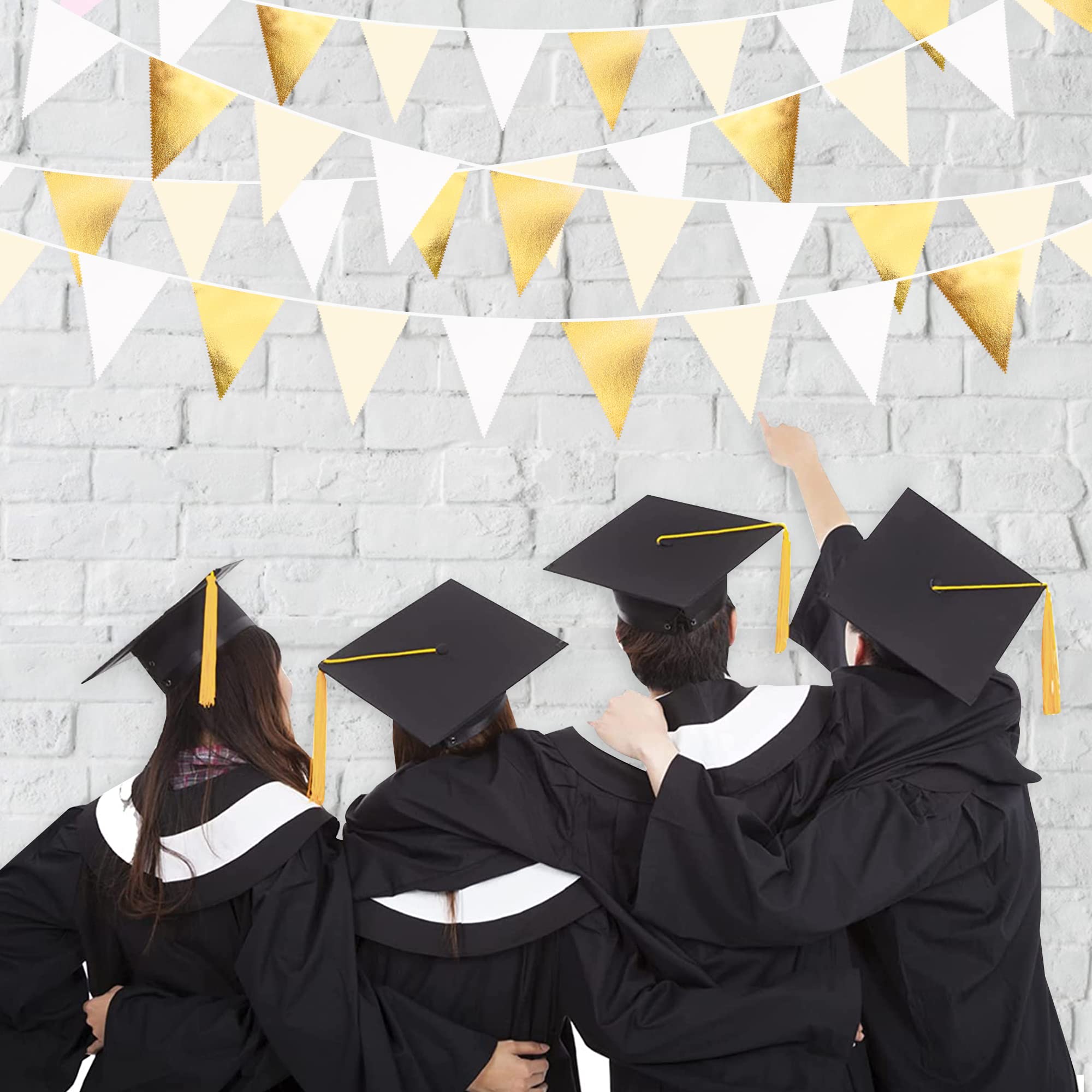 White And Gold Party Decorations Gold Beige White Fabric Triangle Pennant Banner Flag Bunting Garland For Graduation Wedding Bir