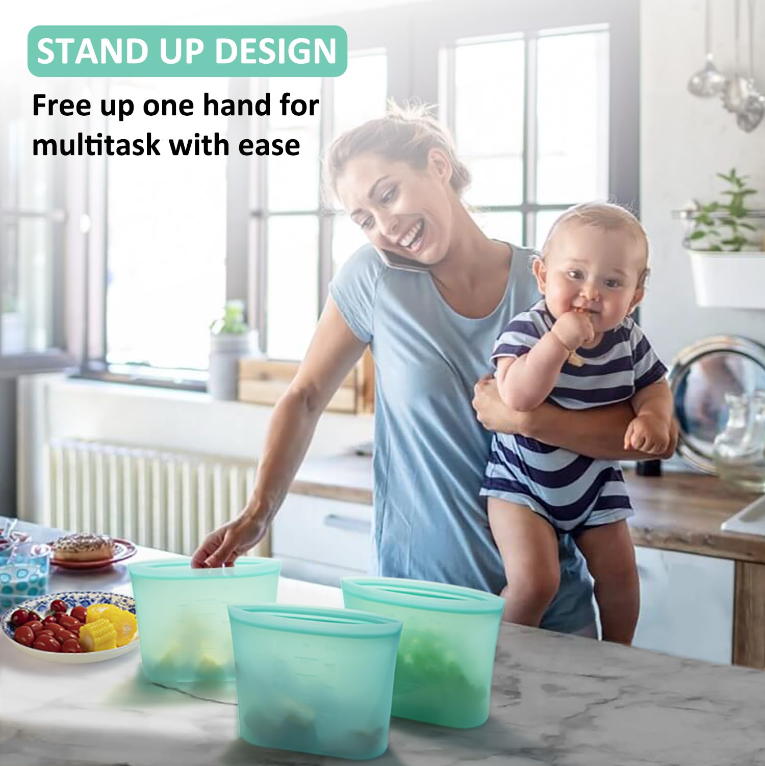 Annaklin Reusable Freezer Bags Quart Size, 4 Pack, 100% Silicone Stand Up Ziplock Reusable Silicone Food Storage Bags Sandwich B