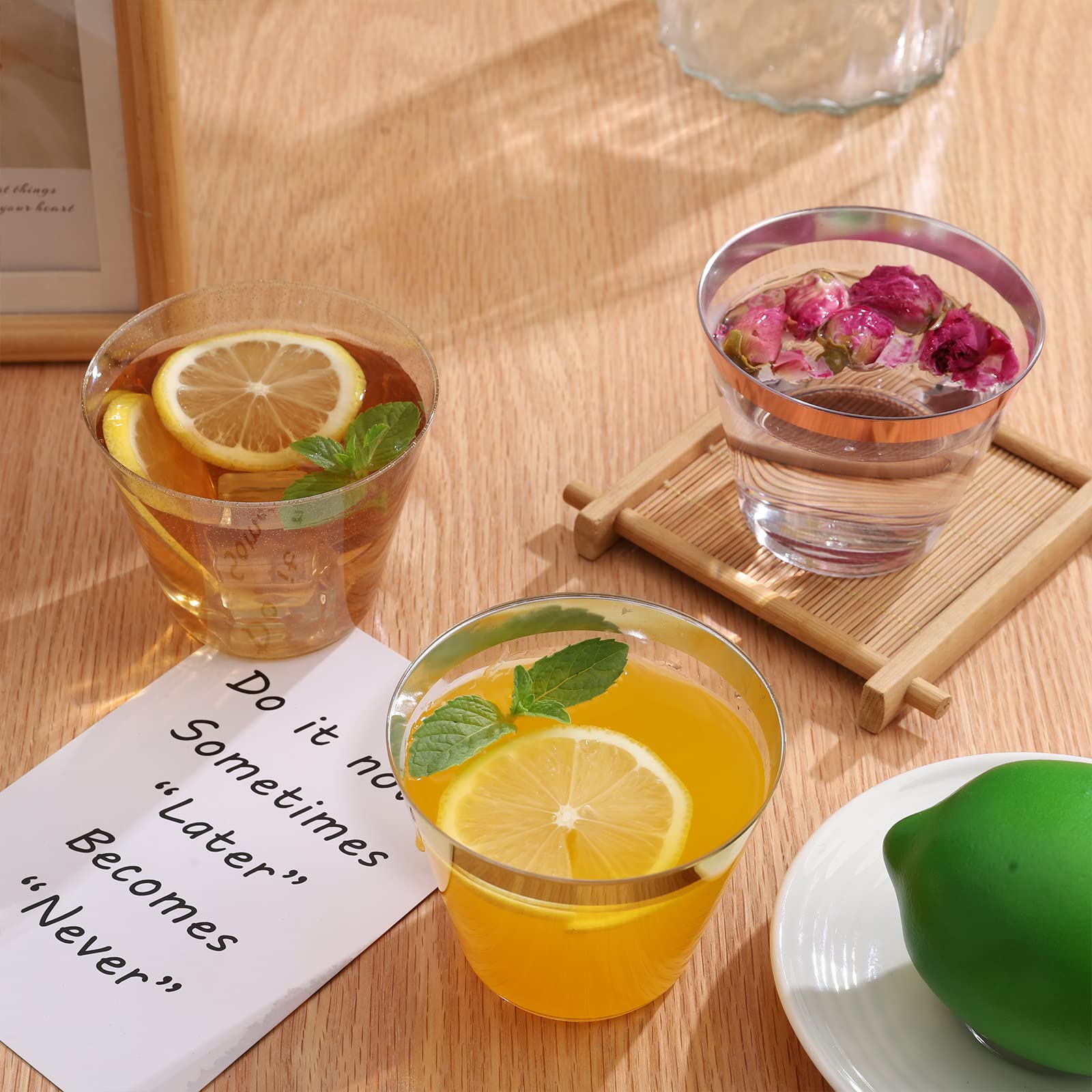 Easercy 100 Plastic Cups 9 Oz Gold Old Fashioned Tumblers Rimmed For Party Decorations Disposable Clear Wedding Elegant