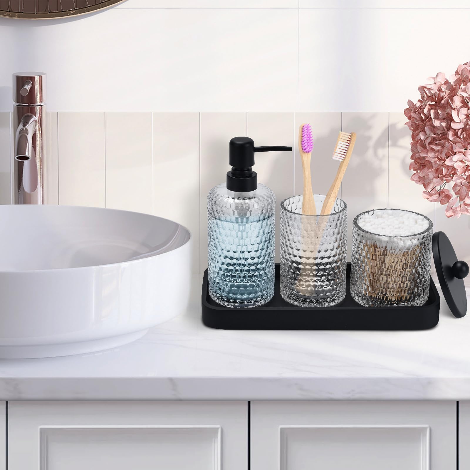 Bathroom Accessory Set,4 Pcs Clear Glass Bathroom Accessories Set-Lotion Soap Dispenser,Toothbrush Holder,Qtip Holder Dispenser