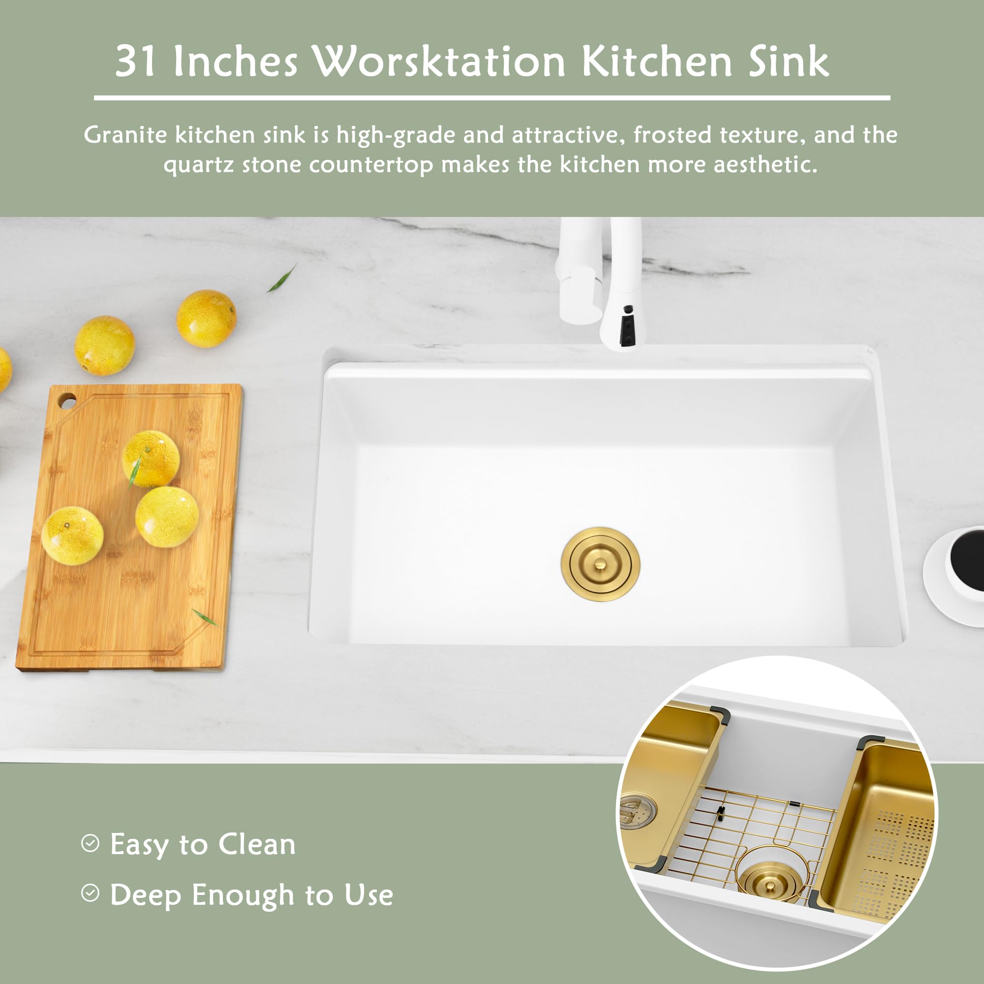 Monsinta 31 Inch Kitchen Sink, White Kitchen Sink, Single Bowl Kitchen Sink, Undermount Kitchen Sink, Large Workstation Kitchen