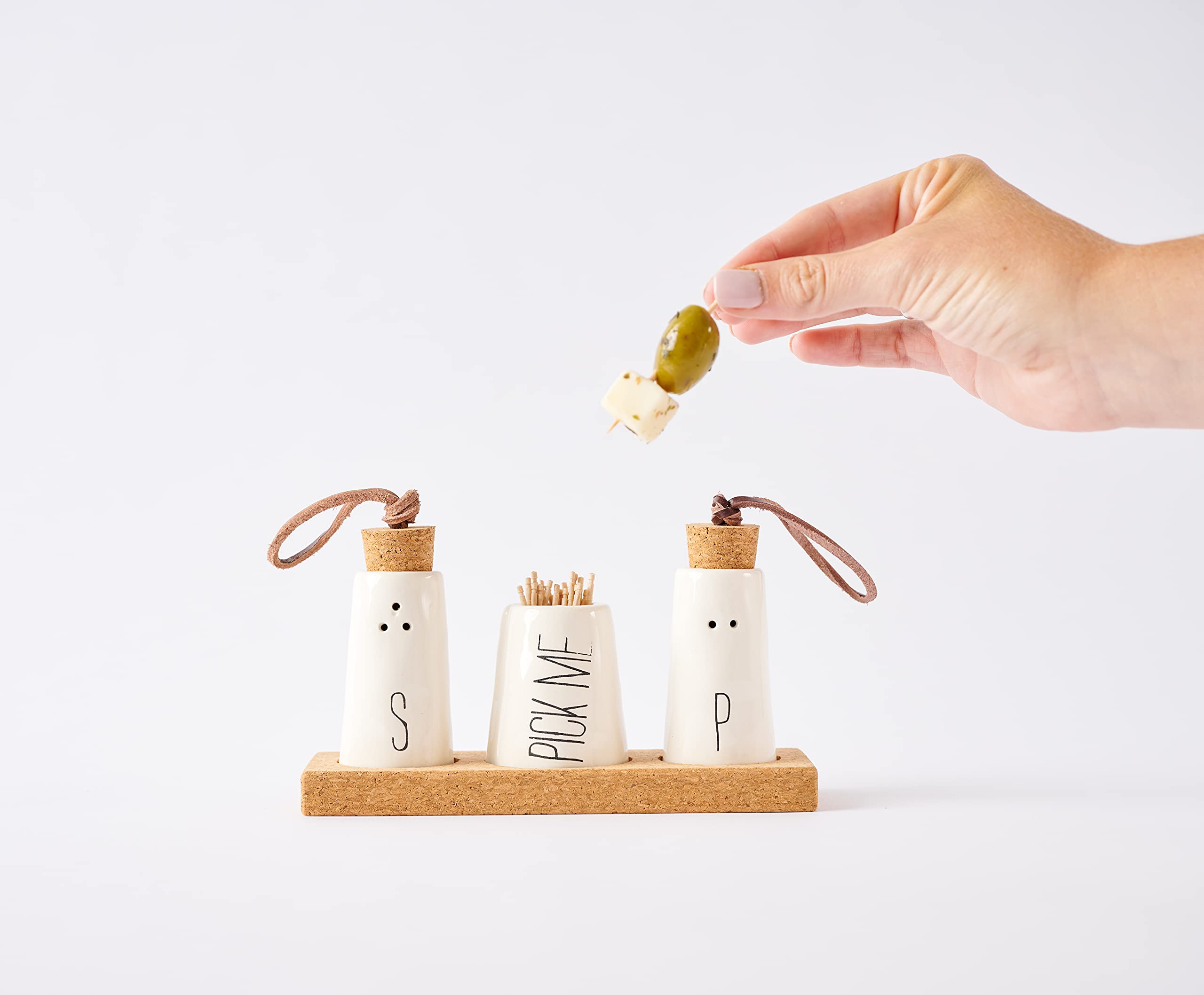 Mud Pie, Off-White Salt, Pepper & Toothpick Holder, Size: Tray 2'' X 6'' | Shakers 2 3/4'' X 1 1/2'' Dia