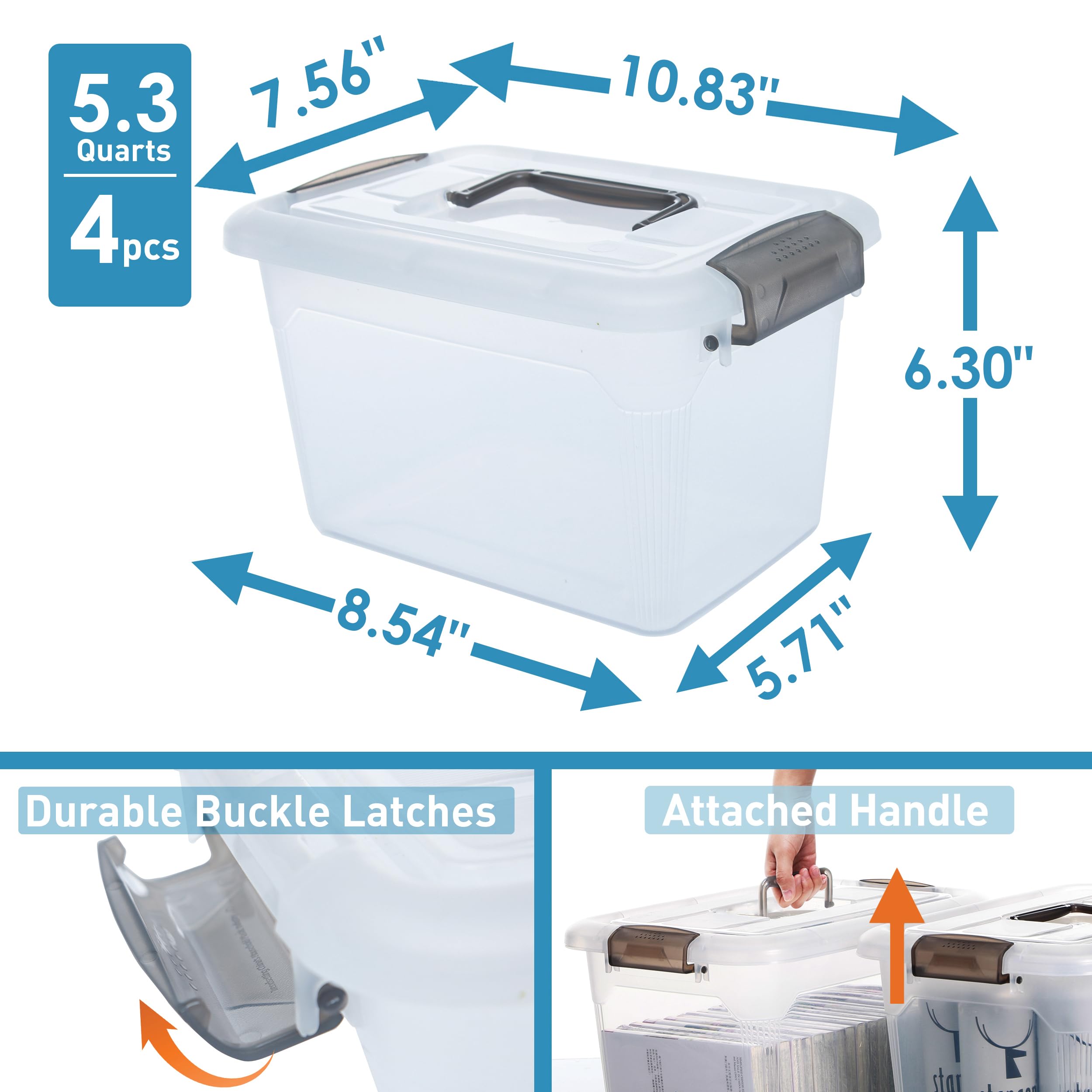 Citylife 4 Packs 5.3 QT Storage Bins with Lids Clear Plastic Bins with Grey Handle Stackable Storage Containers for Organizing
