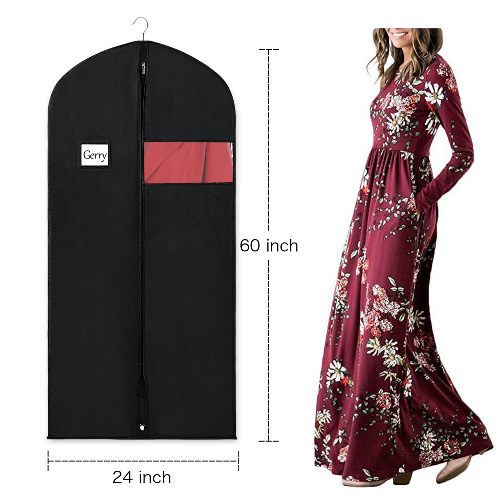 Univivi 5 Pack Garment Bags For Hanging Clothes, 60 Inch Dress Cover With Clear Window And Id Card Holder, Breathable Full Zippe