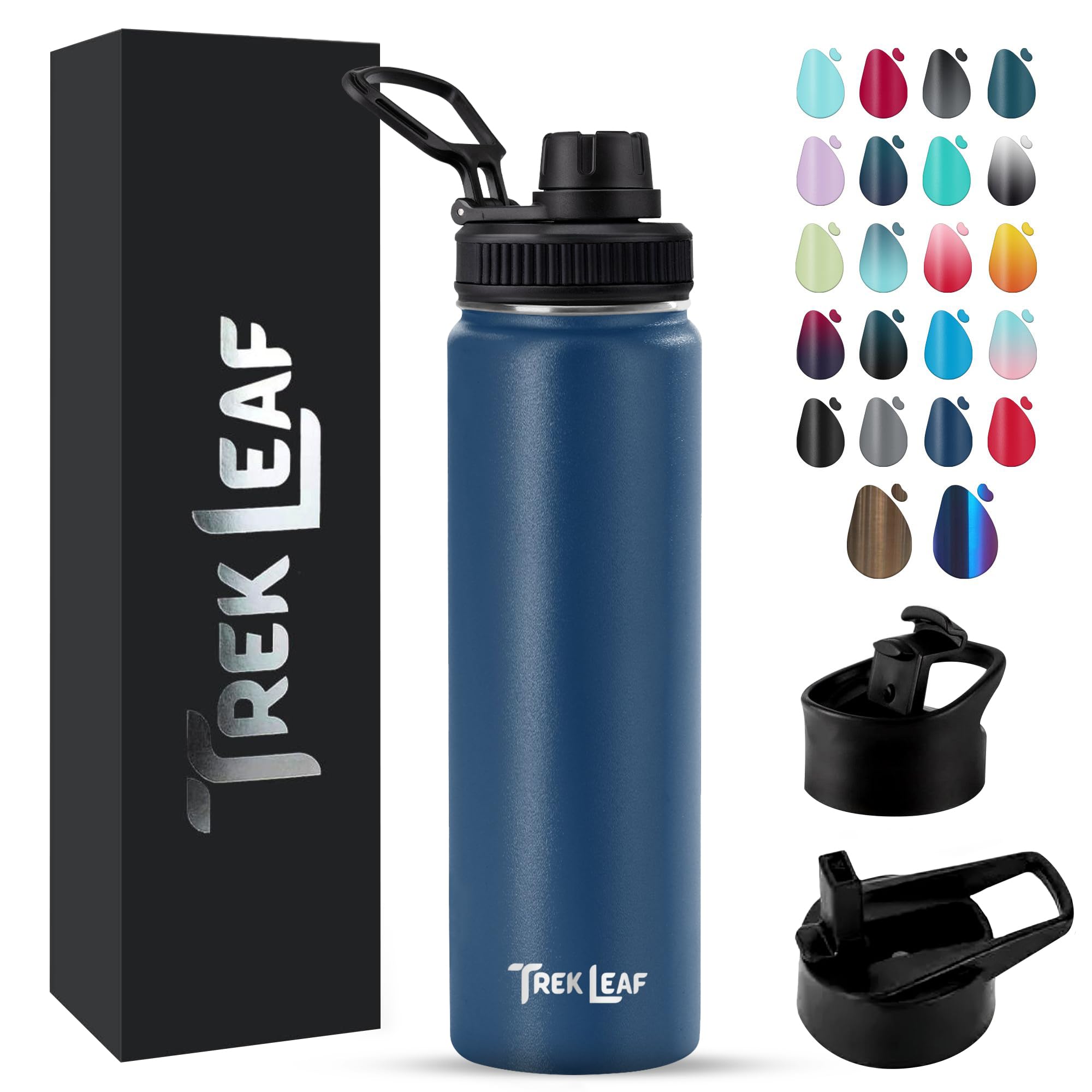 Trek Leaf Travel Water Bottle with 3 Lids (Spout, Straw, Flip) Leak Proof, Quality, Vacuum Insulated, Stainless Steel (Navy Blue