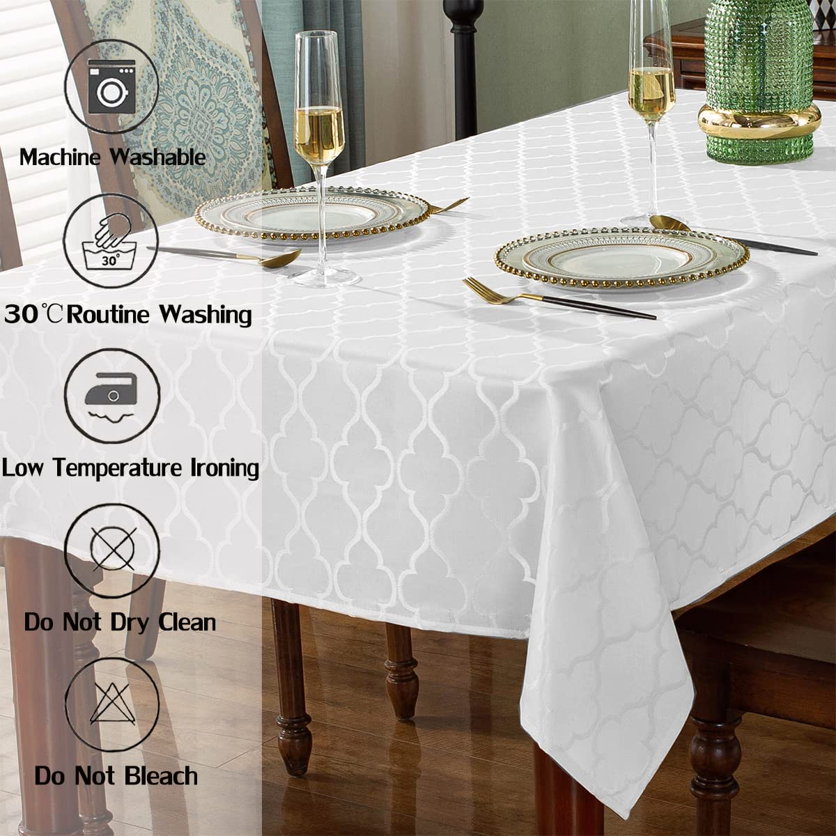 Jacquard Tablecloth Rectangle Damask Pattern Table Cloth Spillproof Wrinkle Resistant Oil Proof Polyester Table Cover for Indoor and Outdoor Use (Rectangle/Oblong  52'' x 70'' (4-6 Seats)  White)